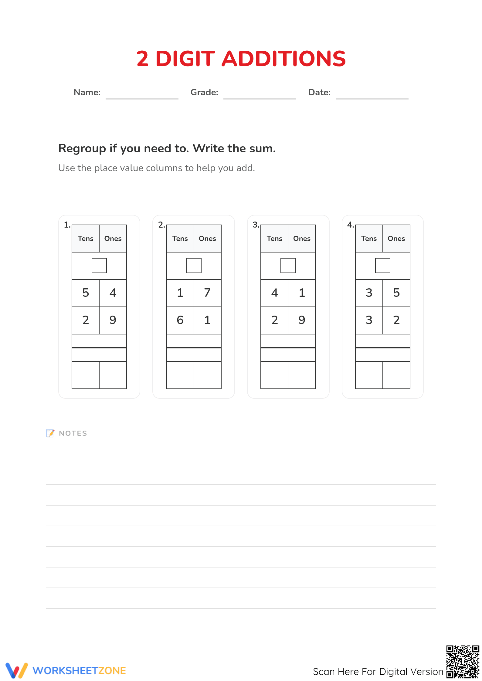 2-Digit Addition with Regrouping Essential Worksheet - Page 1