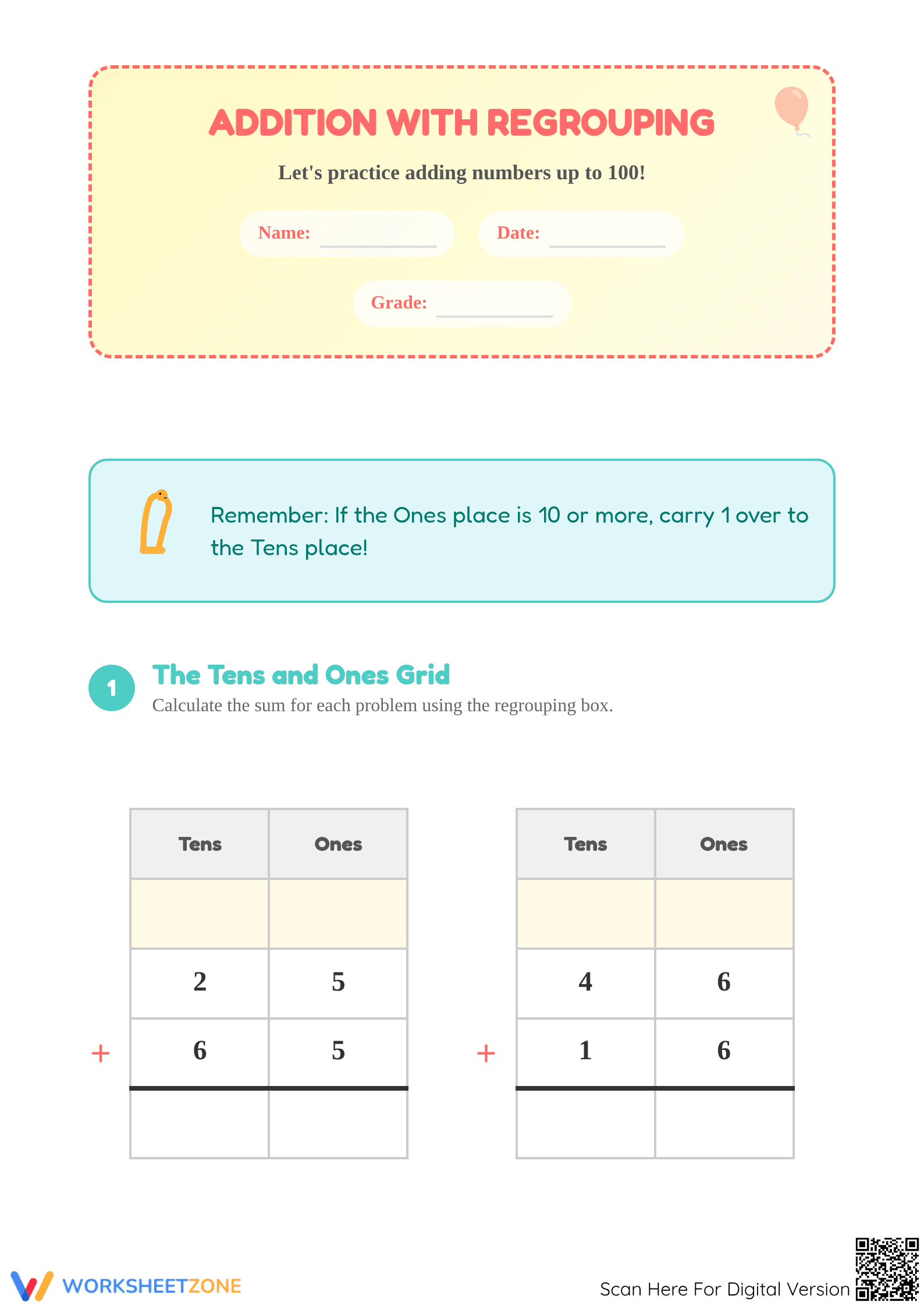 Essential Grade 2 Addition with Regrouping Worksheet - Page 1