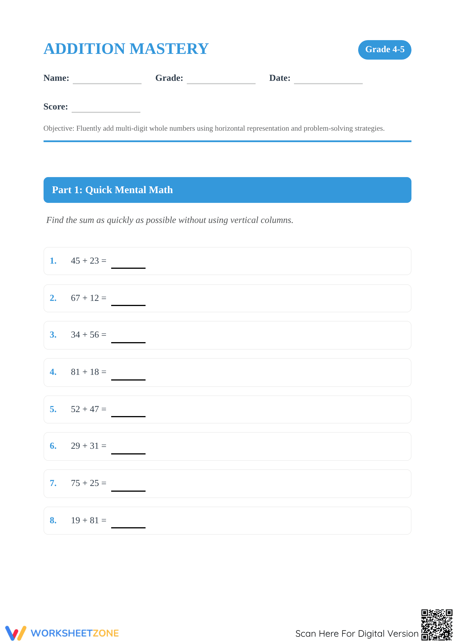 Multi-Digit Addition Mastery Worksheet | Essential Grade 4-5 - Page 1