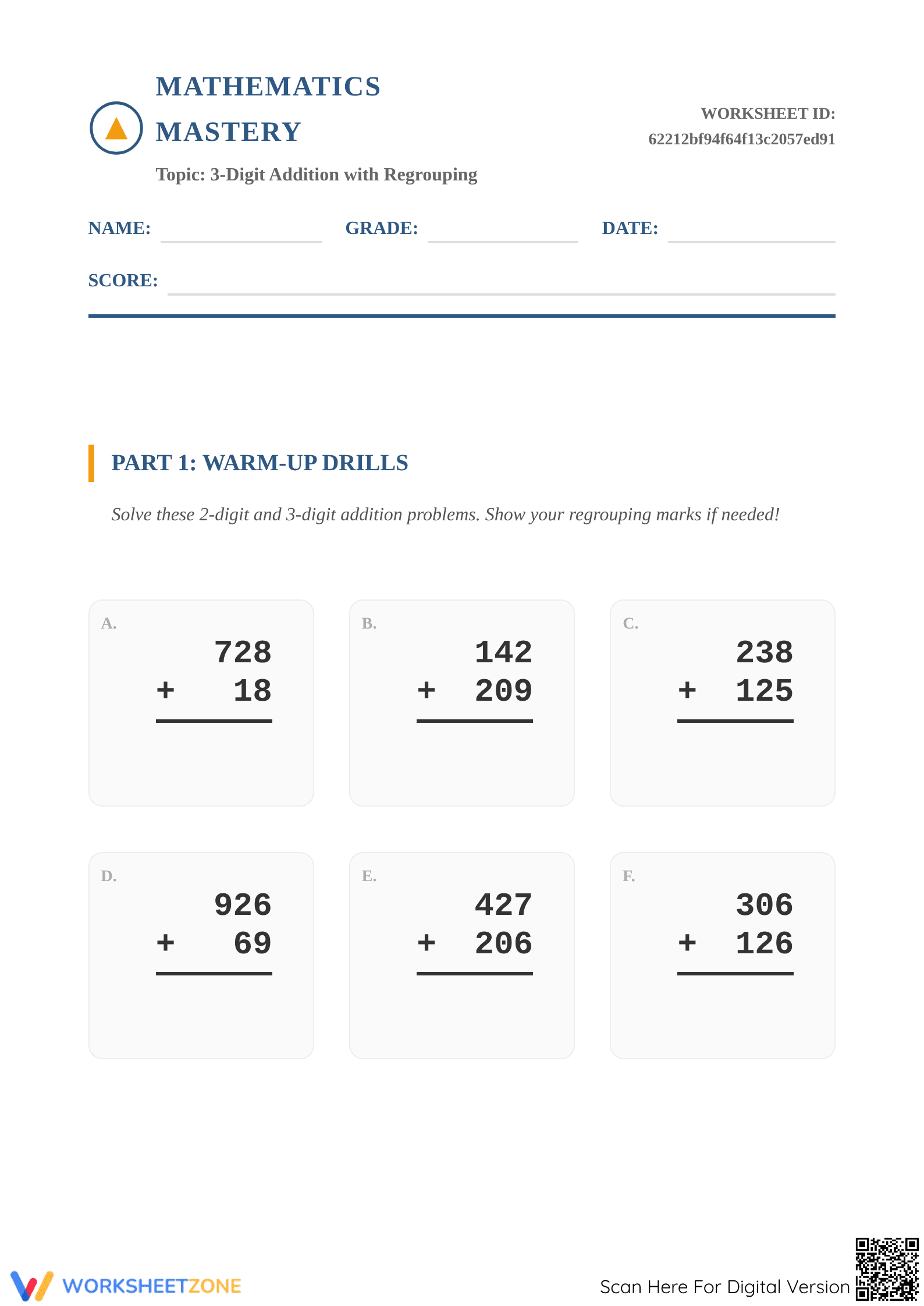 Printable 3-Digit Addition with Regrouping — Grade 2-3 - Page 1