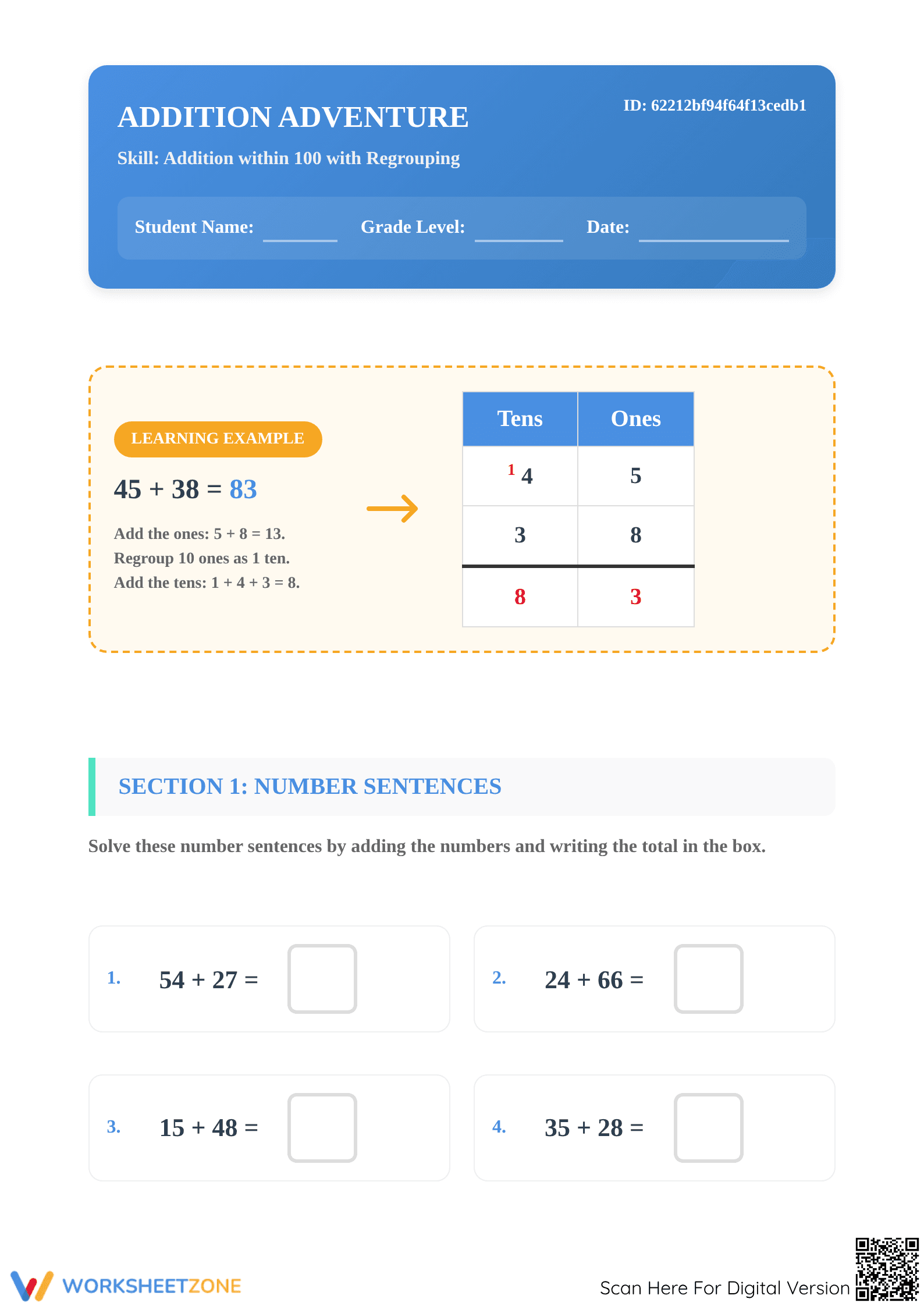 Printable Addition with Regrouping Worksheet | Grade 2-3 - Page 1
