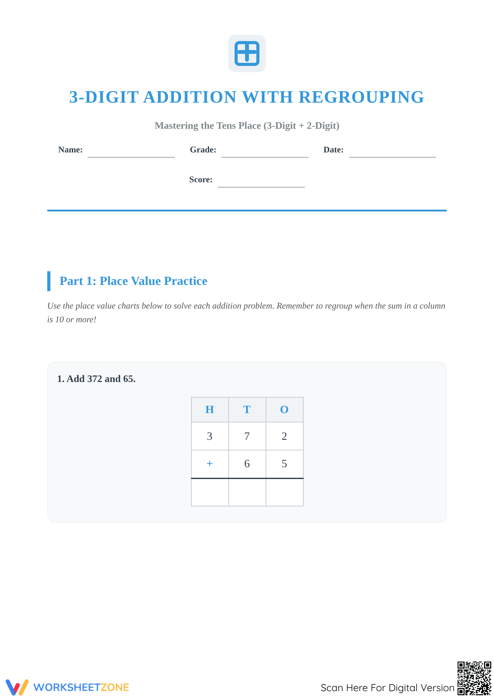 Essential 3-Digit Addition with Regrouping Grade 2 Worksheet - Page 1