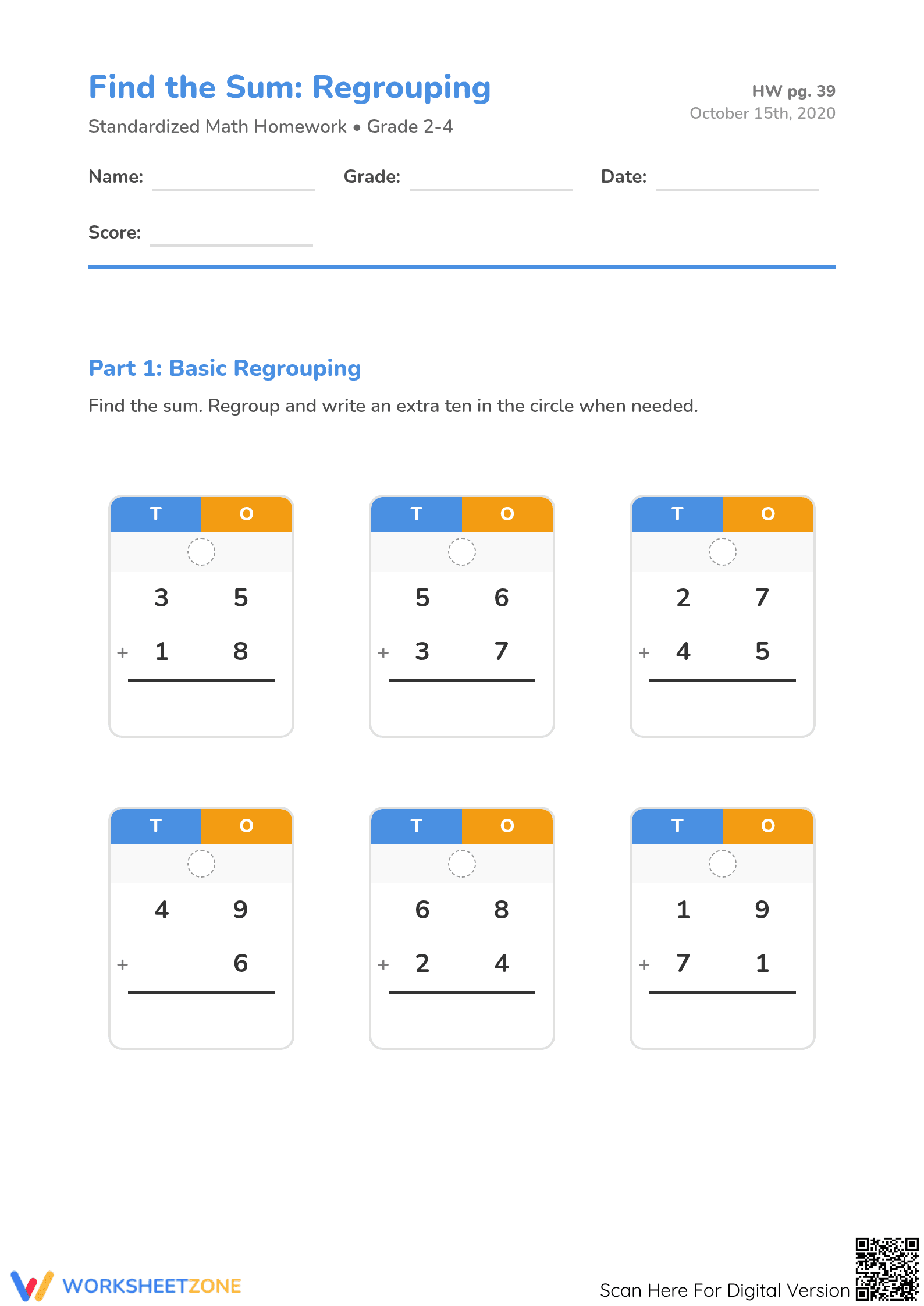 Printable Addition with Regrouping Worksheet | Grade 2-4 - Page 1