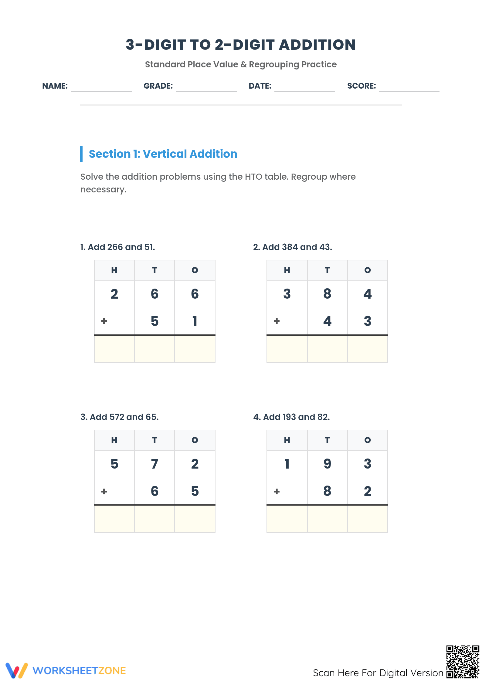 Essential 3-Digit to 2-Digit Addition Aligned Worksheet - Page 1
