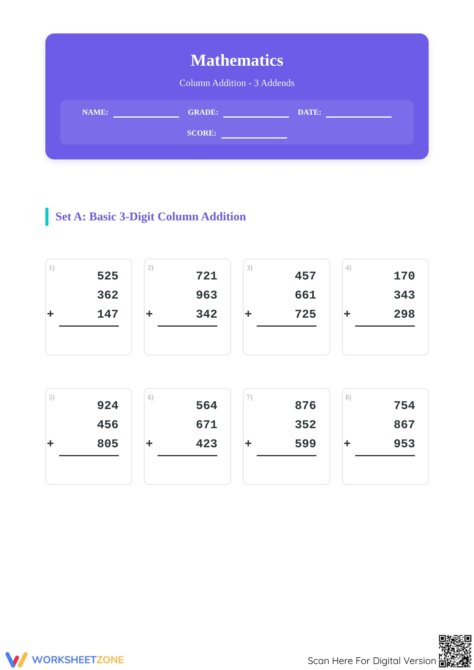 Essential Column Addition Worksheet: 3 Addends — Grade 3-4 - Page 1