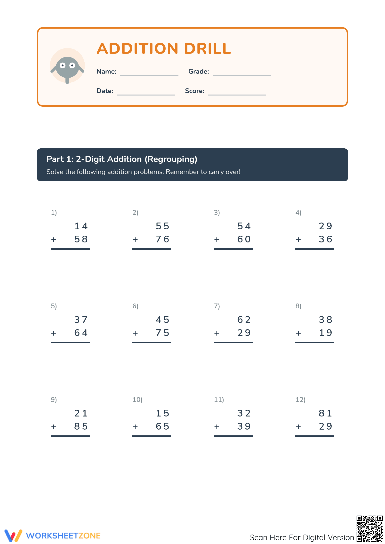 Printable: Grade 3-5 Addition with Regrouping Worksheet - Page 1