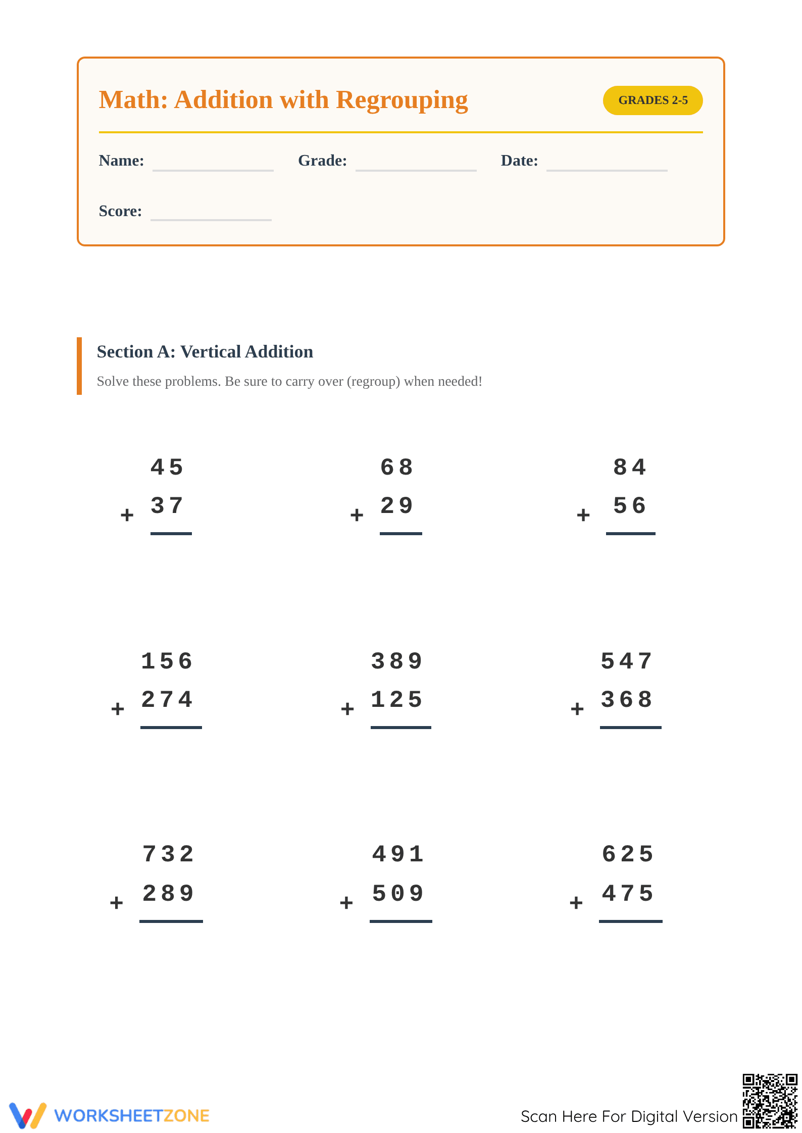 Essential Multi-Digit Addition with Regrouping - Page 1