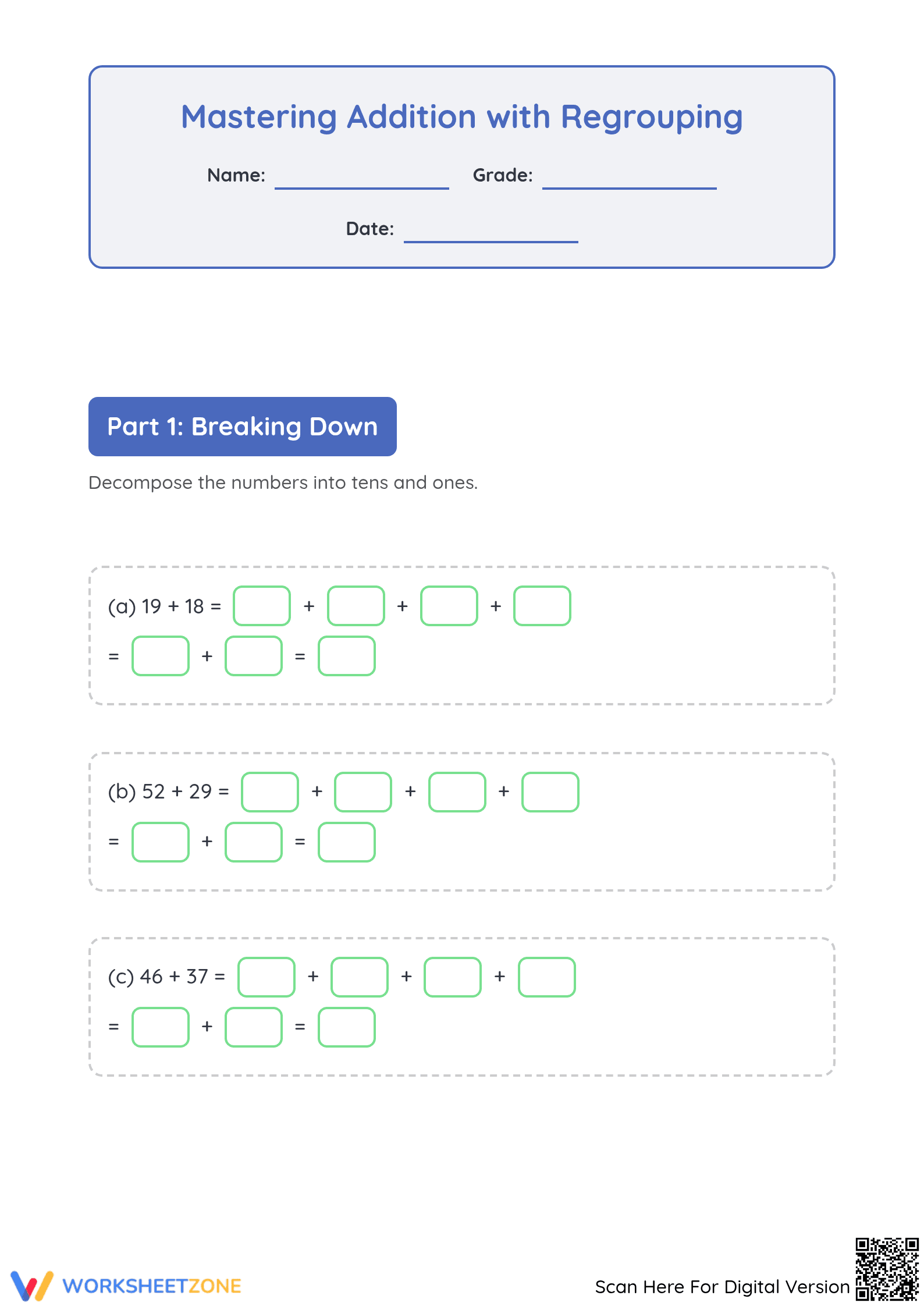 Printable Grade 3 Addition with Regrouping Mastery Worksheet - Page 1