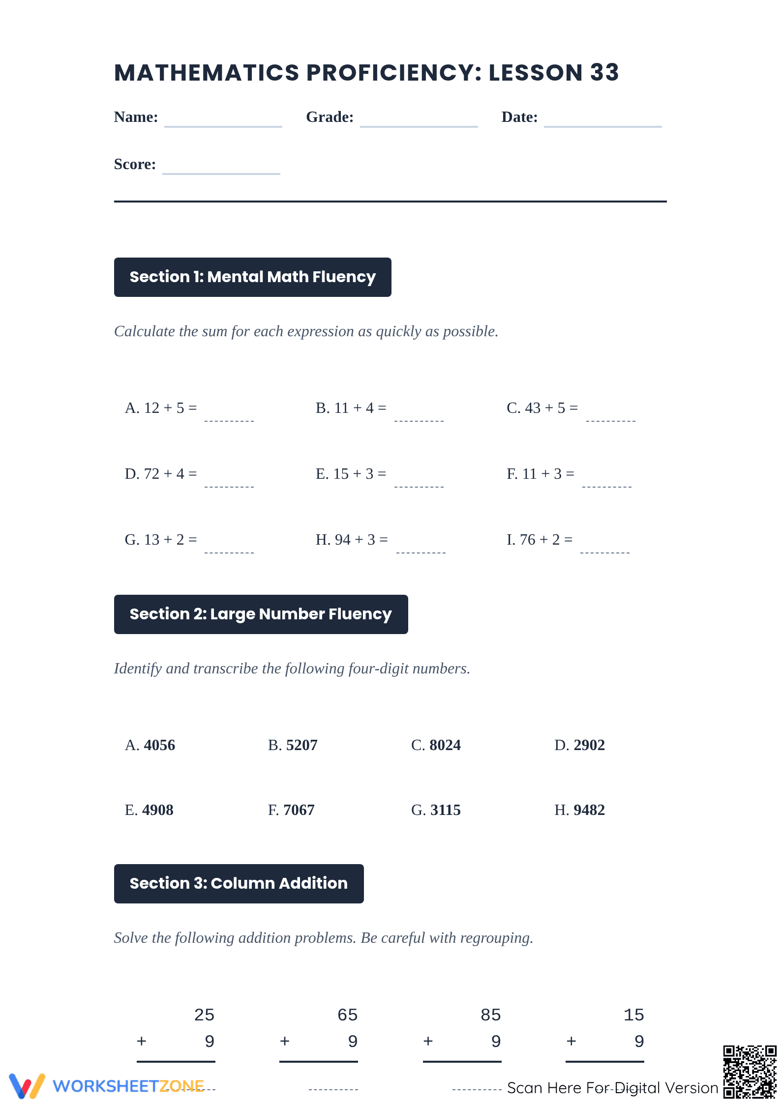 Essential Multi-Digit Addition Worksheet Packet | Grade 6-7 - Page 1