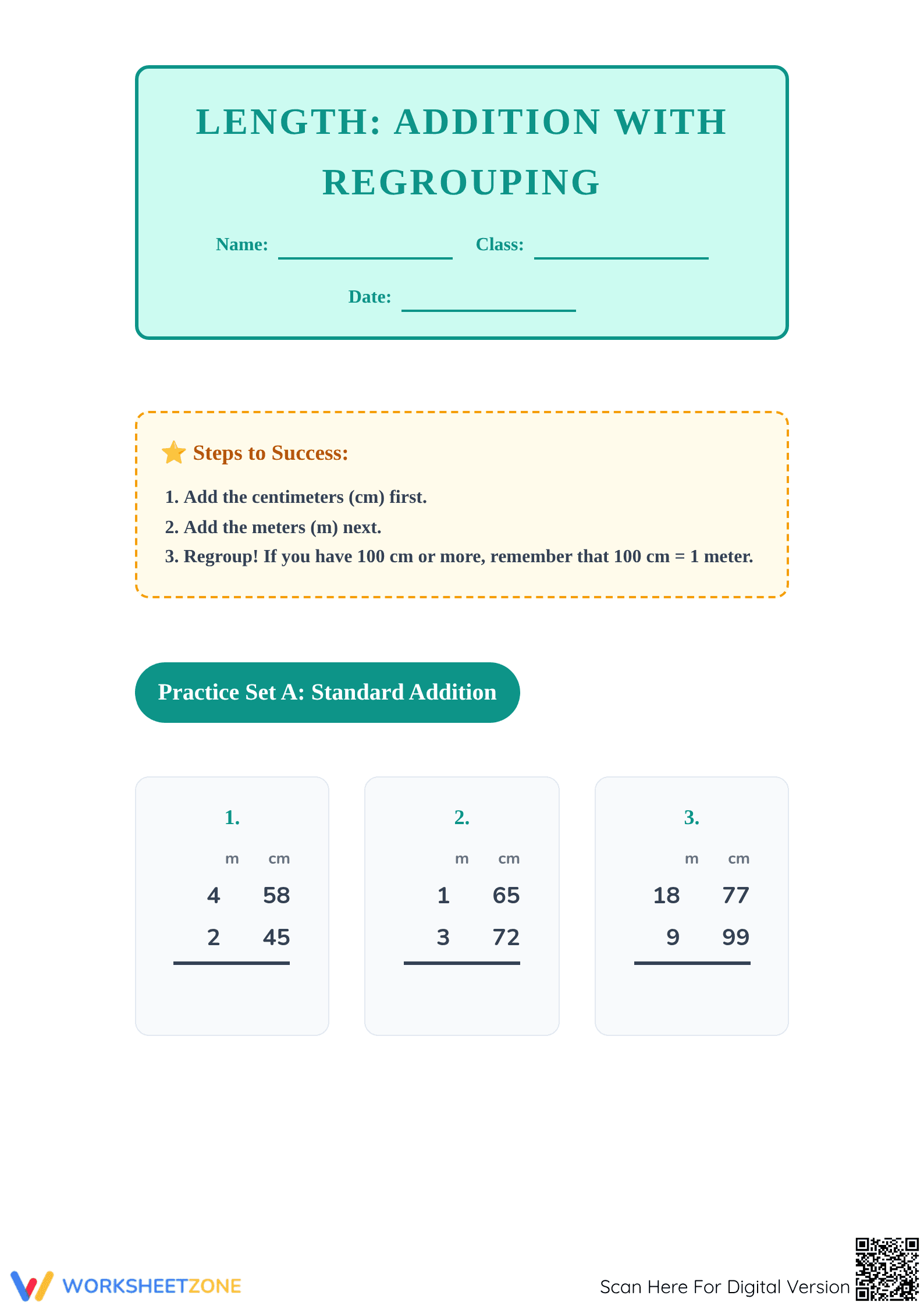 Printable Addition of Length (m & cm) Grade 4 Worksheet - Page 1