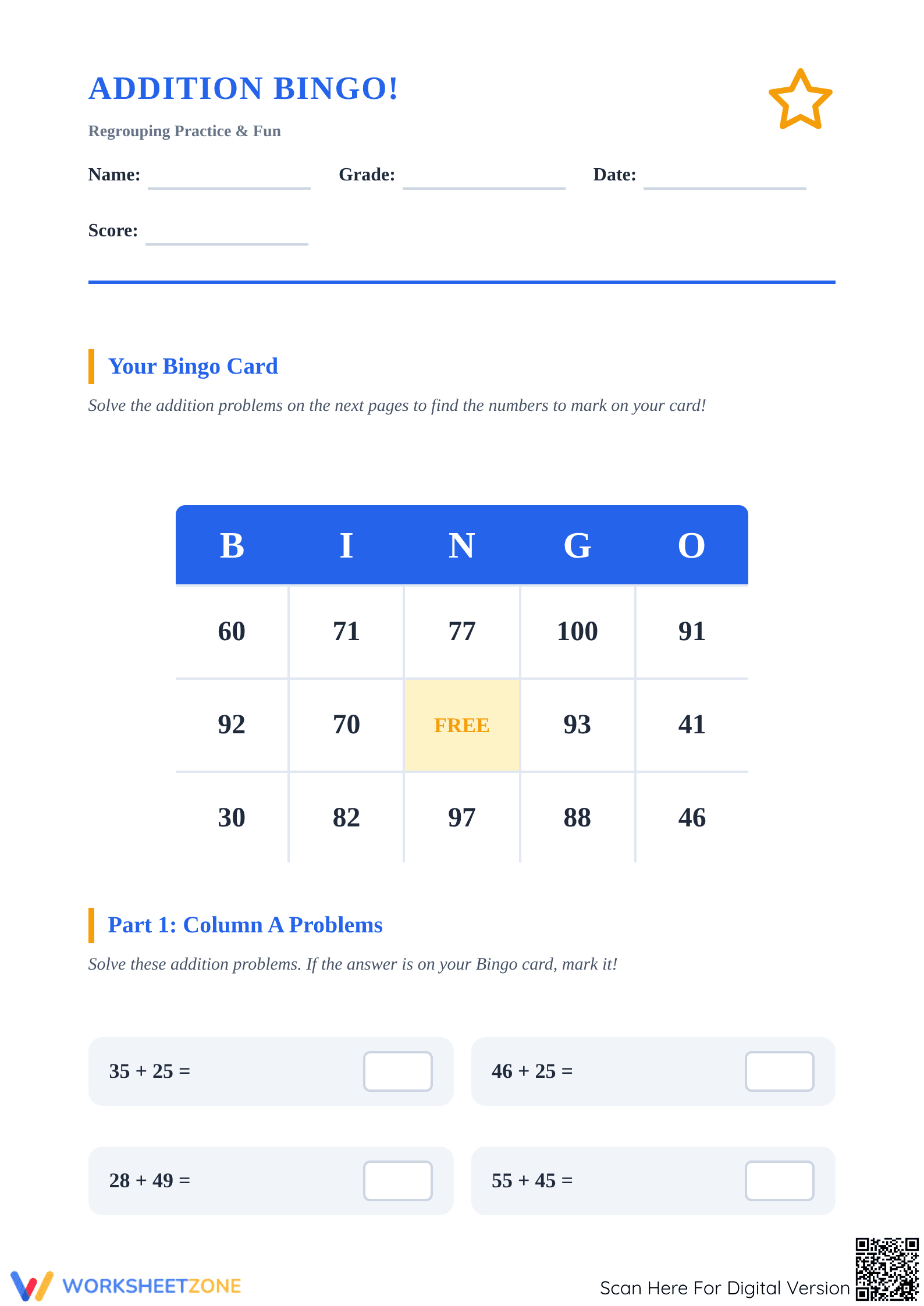Essential Addition with Regrouping Bingo — Grade 2 Math - Page 1