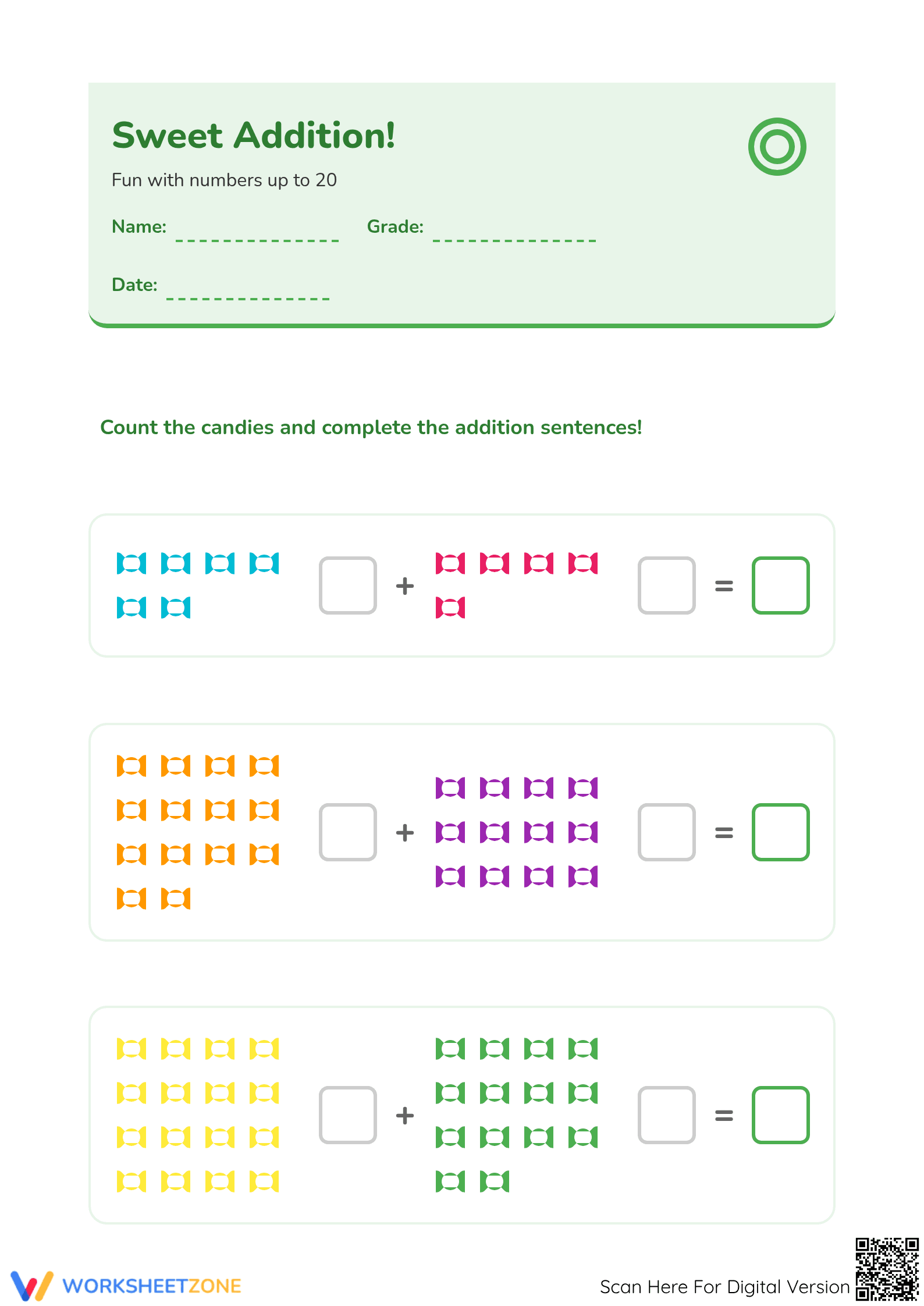 Printable Addition to 20 Worksheet | Grade 1 Math - Page 1