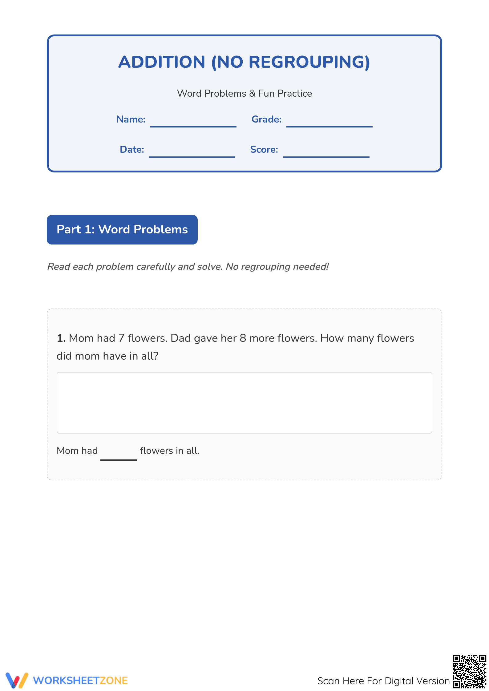 Printable Grade 2 Addition (No Regrouping) Worksheet - Page 1