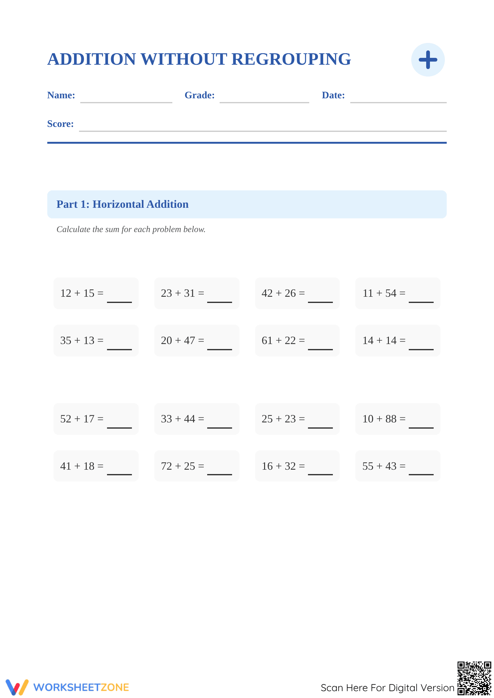 Essential Grade 2 Math: Addition without Regrouping Worksheet - Page 1