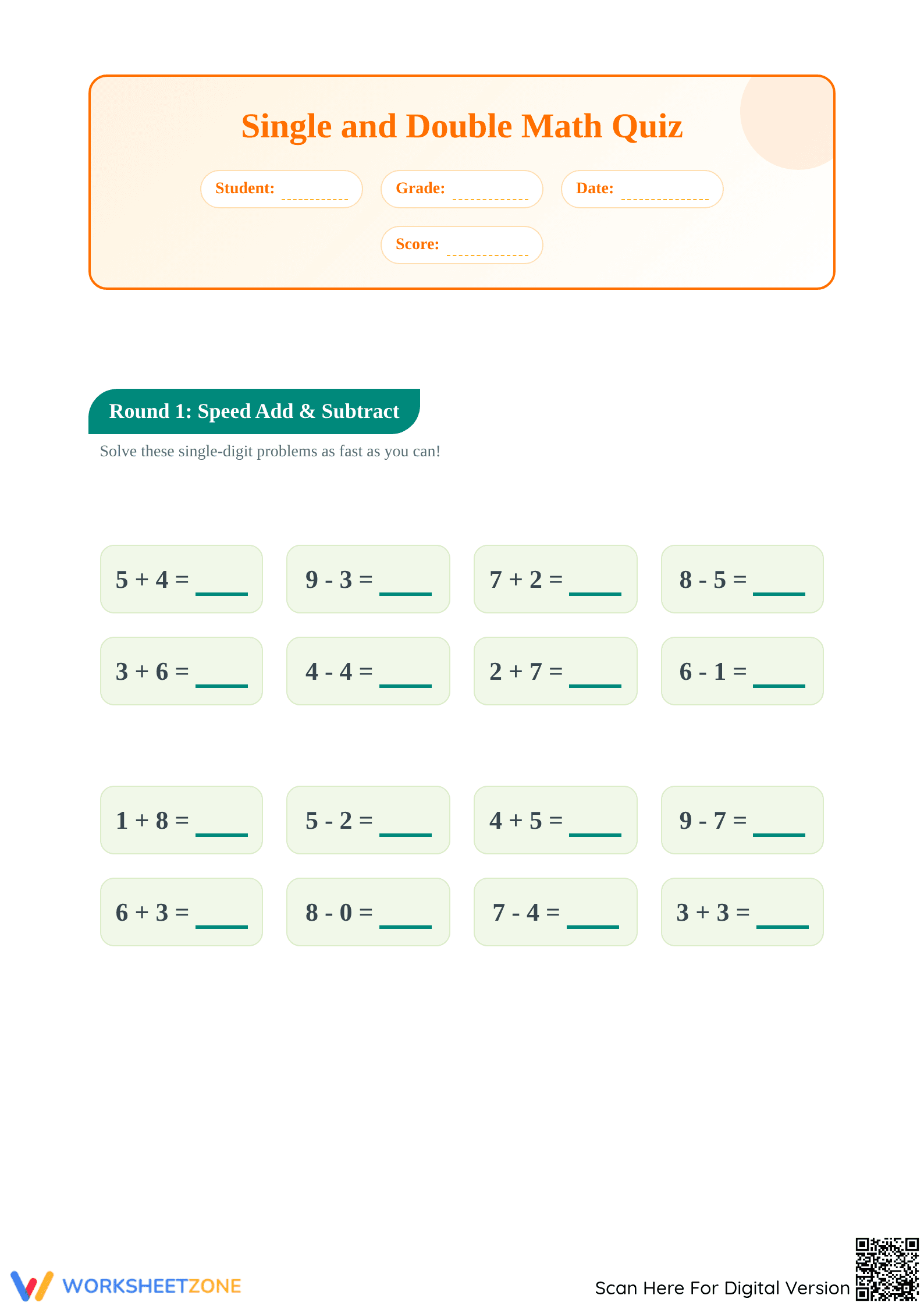 Essential Grade 2-3 Math Quiz: Mixed Addition & Subtraction - Page 1