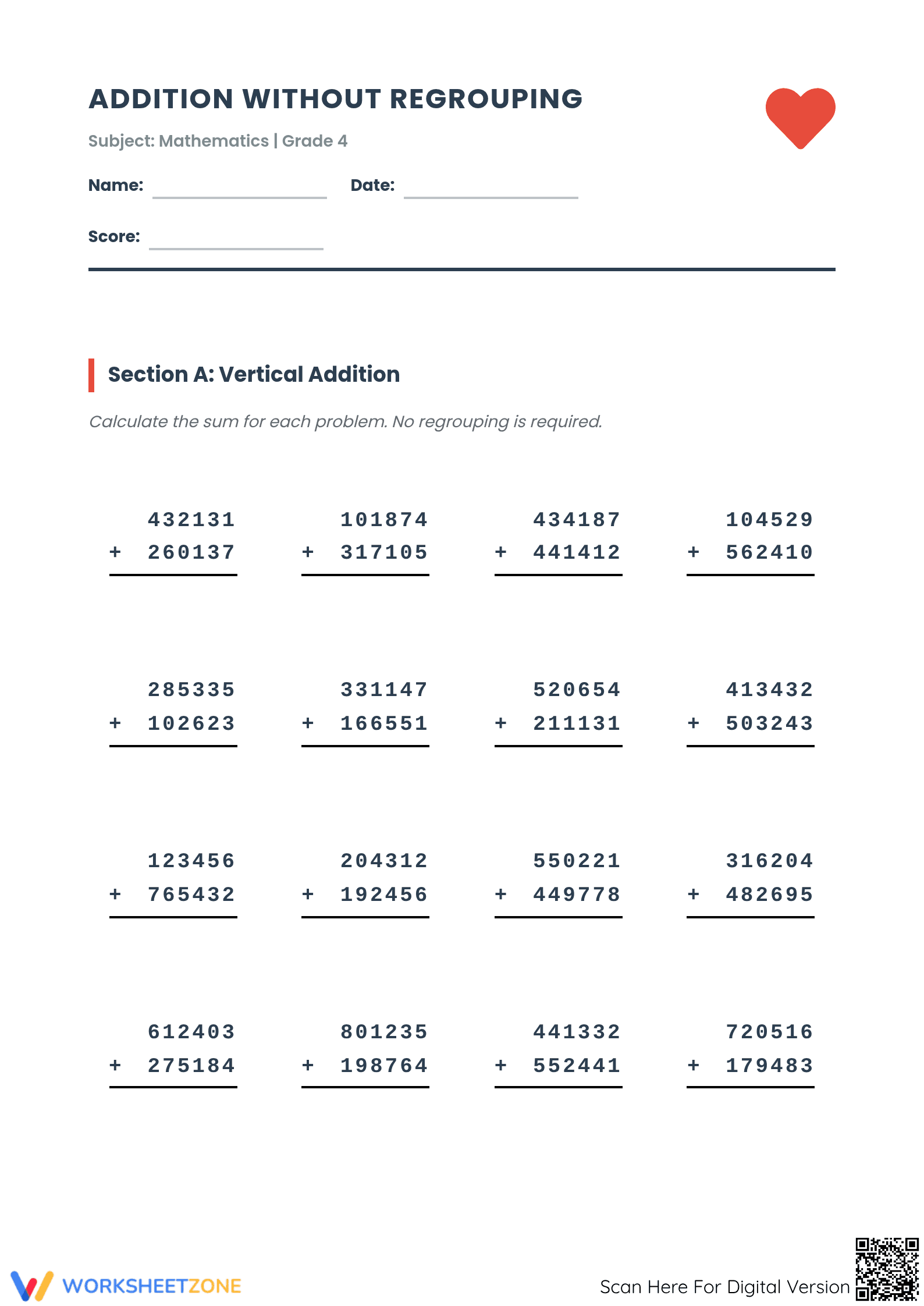 Printable Addition without Regrouping Worksheet | Grade 4 - Page 1