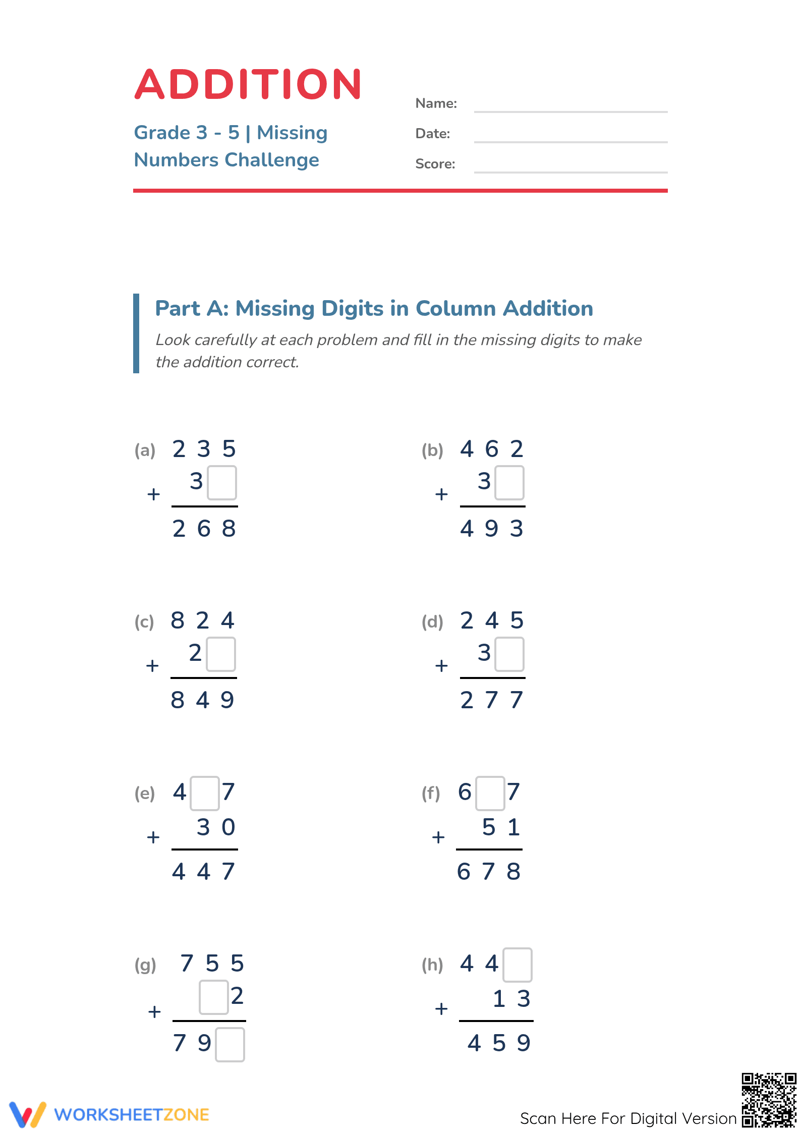 Essential Addition Missing Numbers Challenge | Grade 3-5 - Page 1