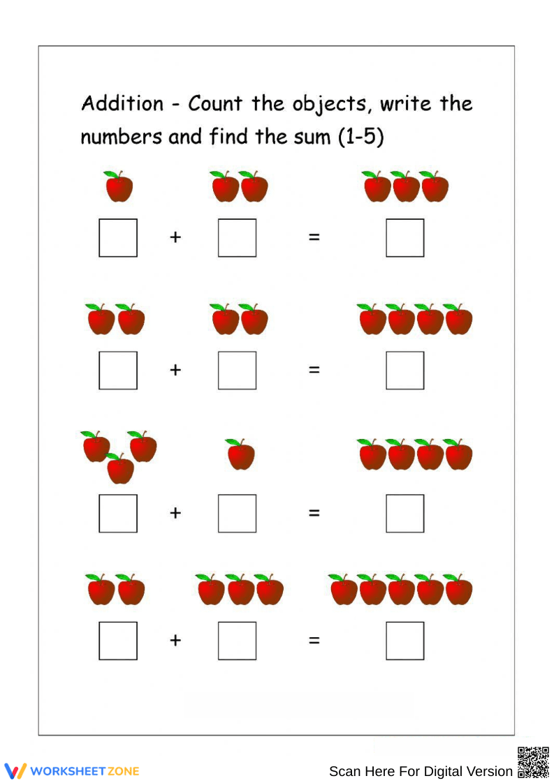 Apple Counting and Addition Worksheet for Numbers 1 to 5 - Page 1