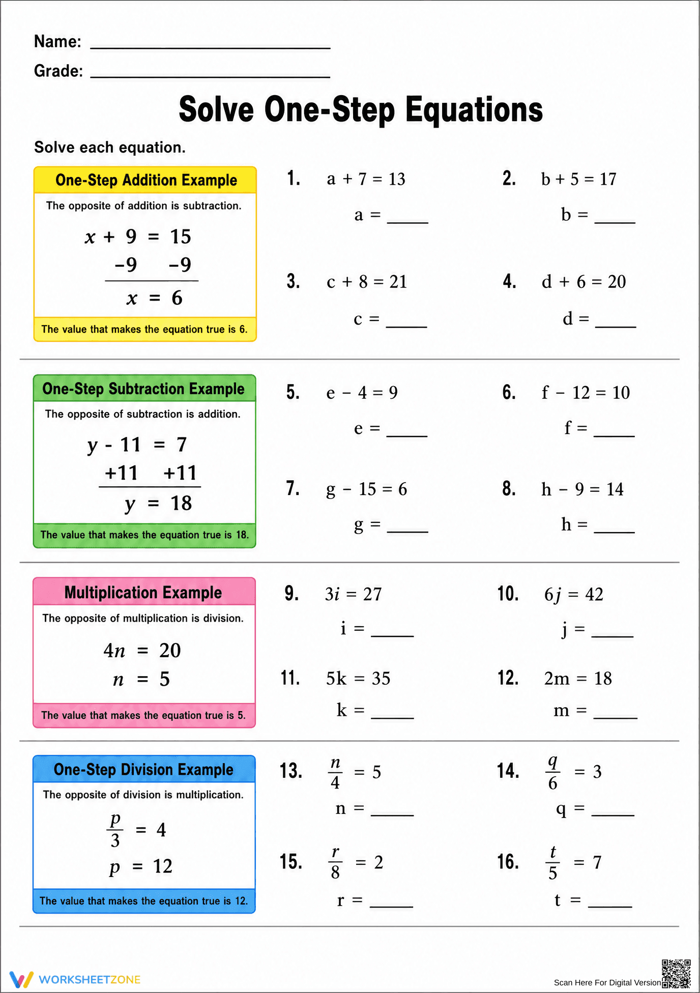 Grade 6 One-Step Equations — Printable No-Prep Worksheet - Page 1