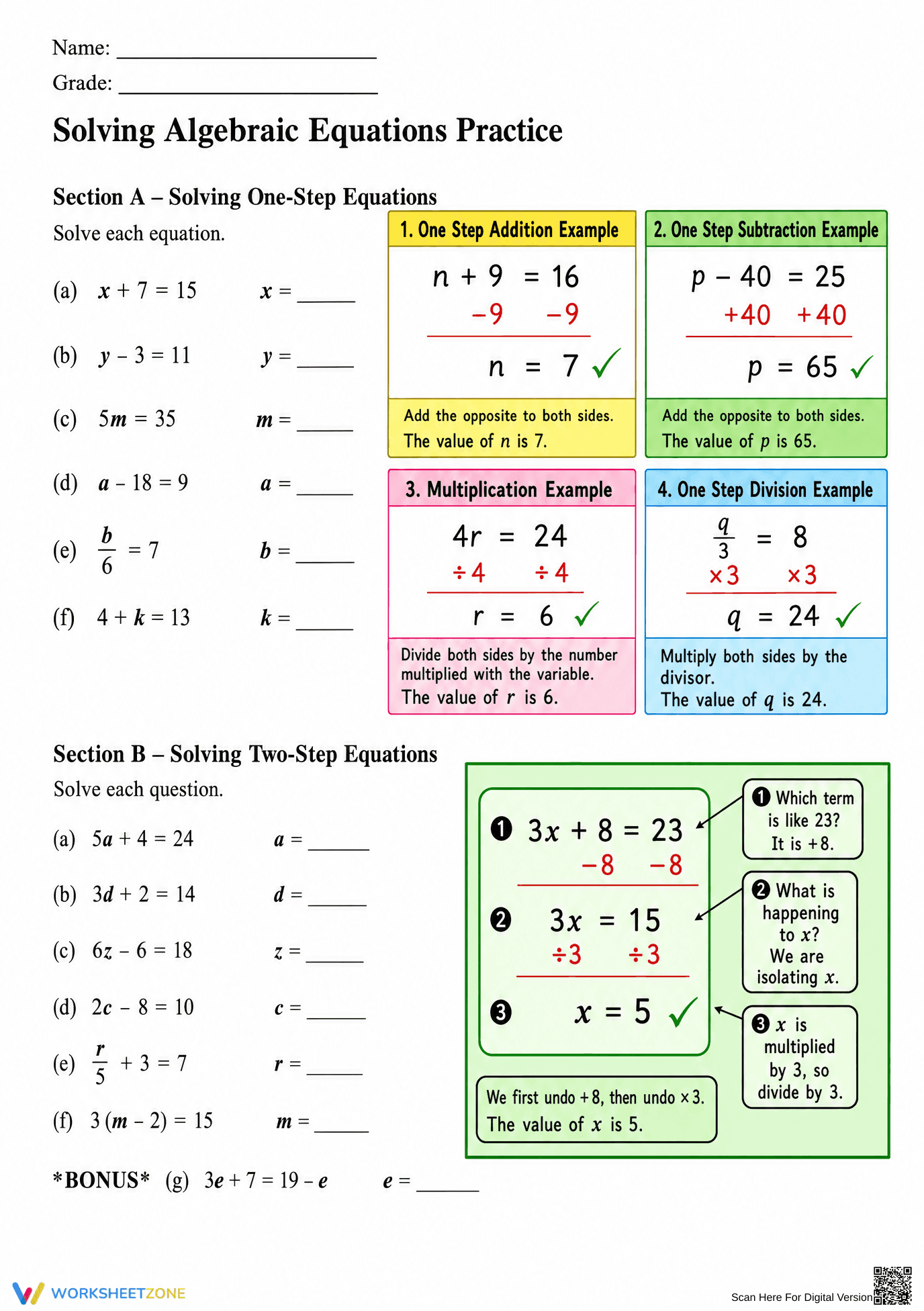 Essential Grade 7 Algebraic Equations Practice - Page 1