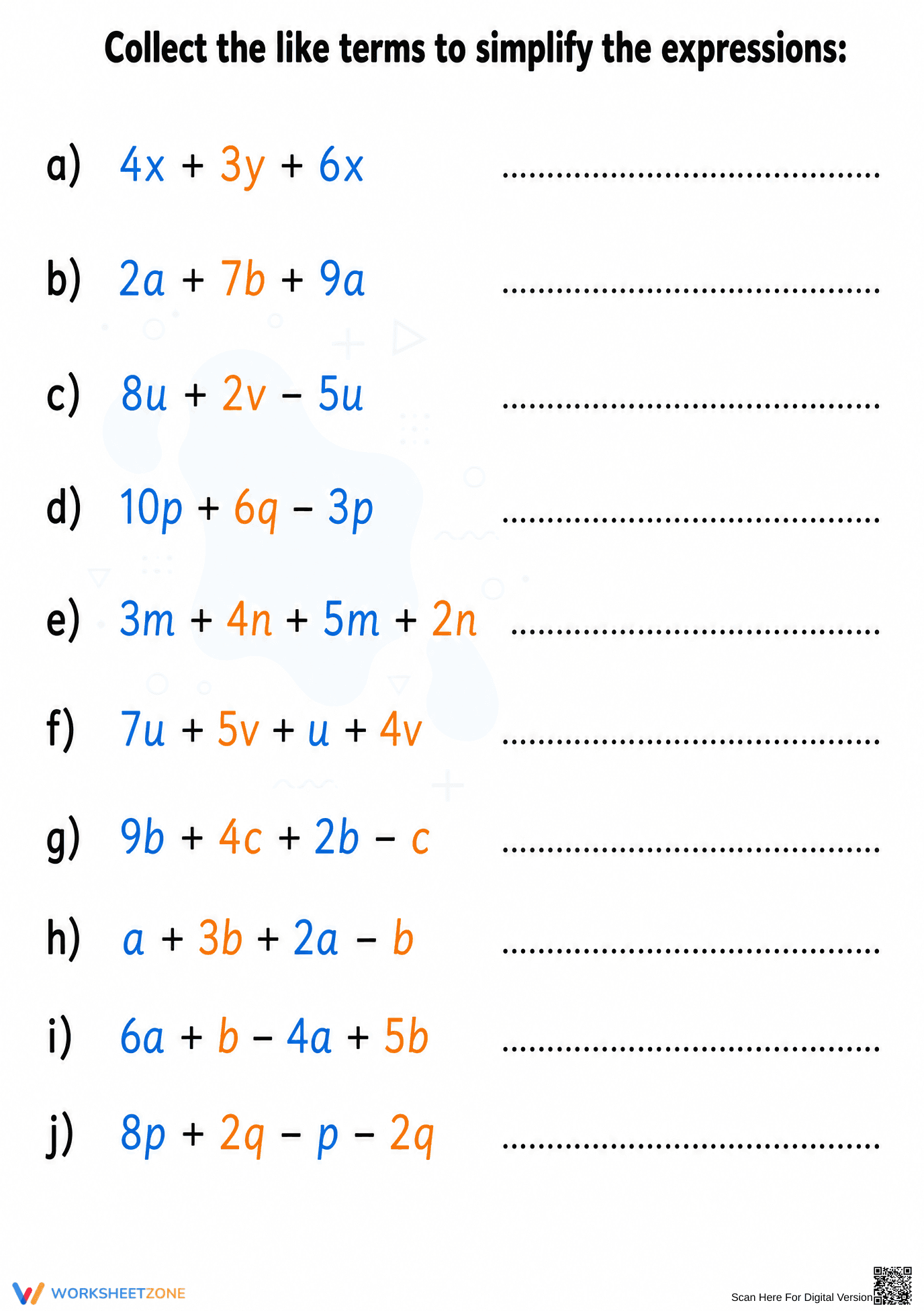 Printable Combining Like Terms Worksheet | Grade 6 Math - Page 1