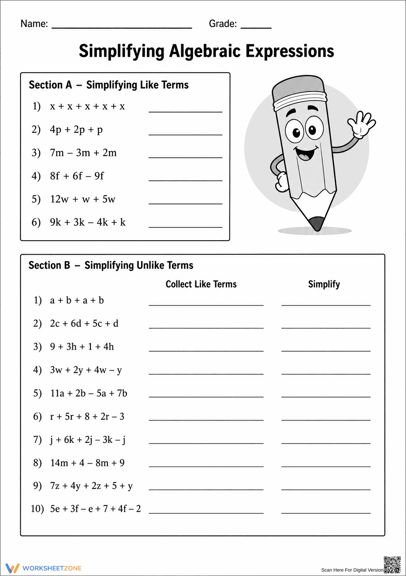 Essential Simplifying Algebraic Expressions | Grade 6 - Page 1