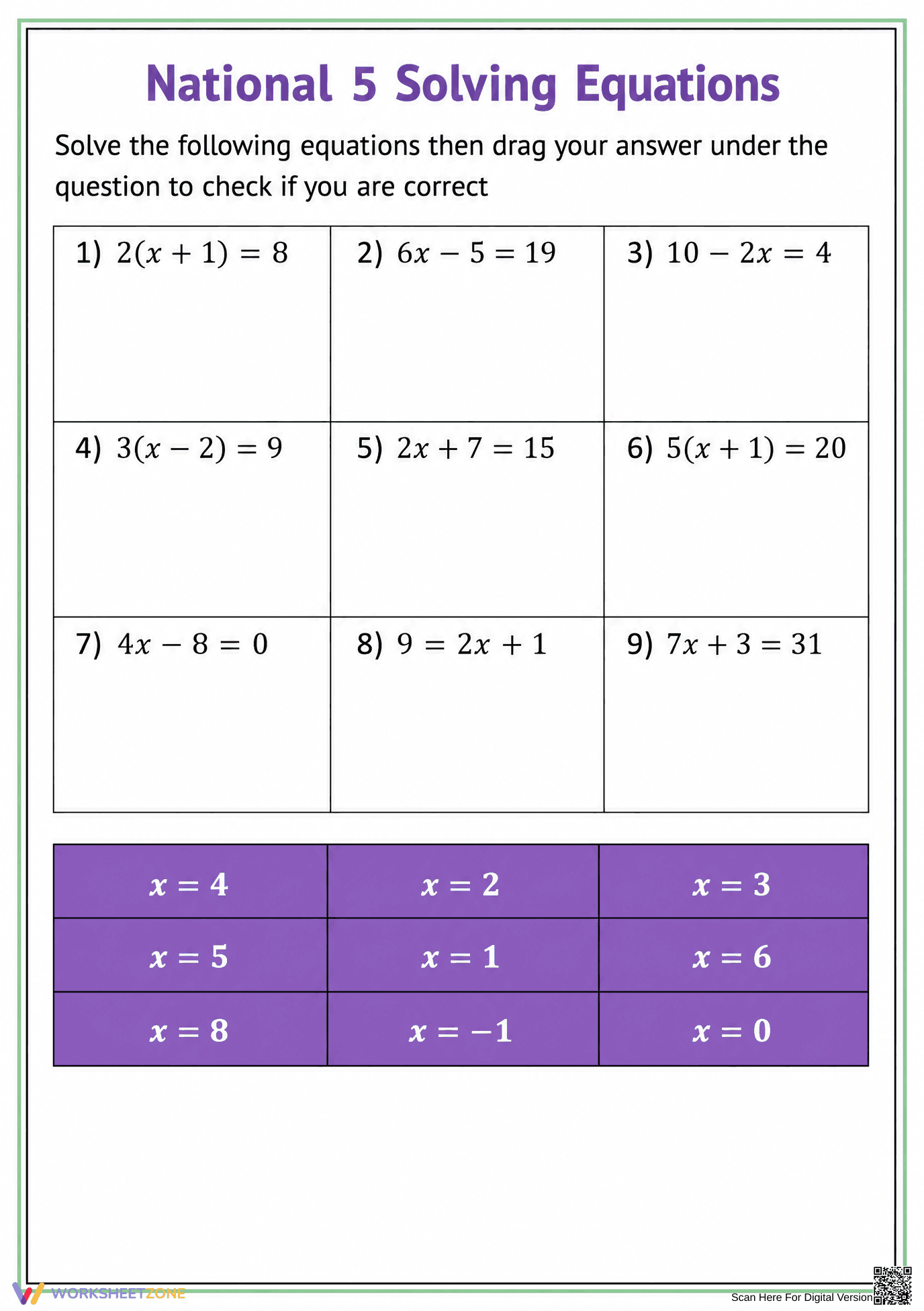 Solving Equations Printable Worksheet | Grade 9 Math - Page 1