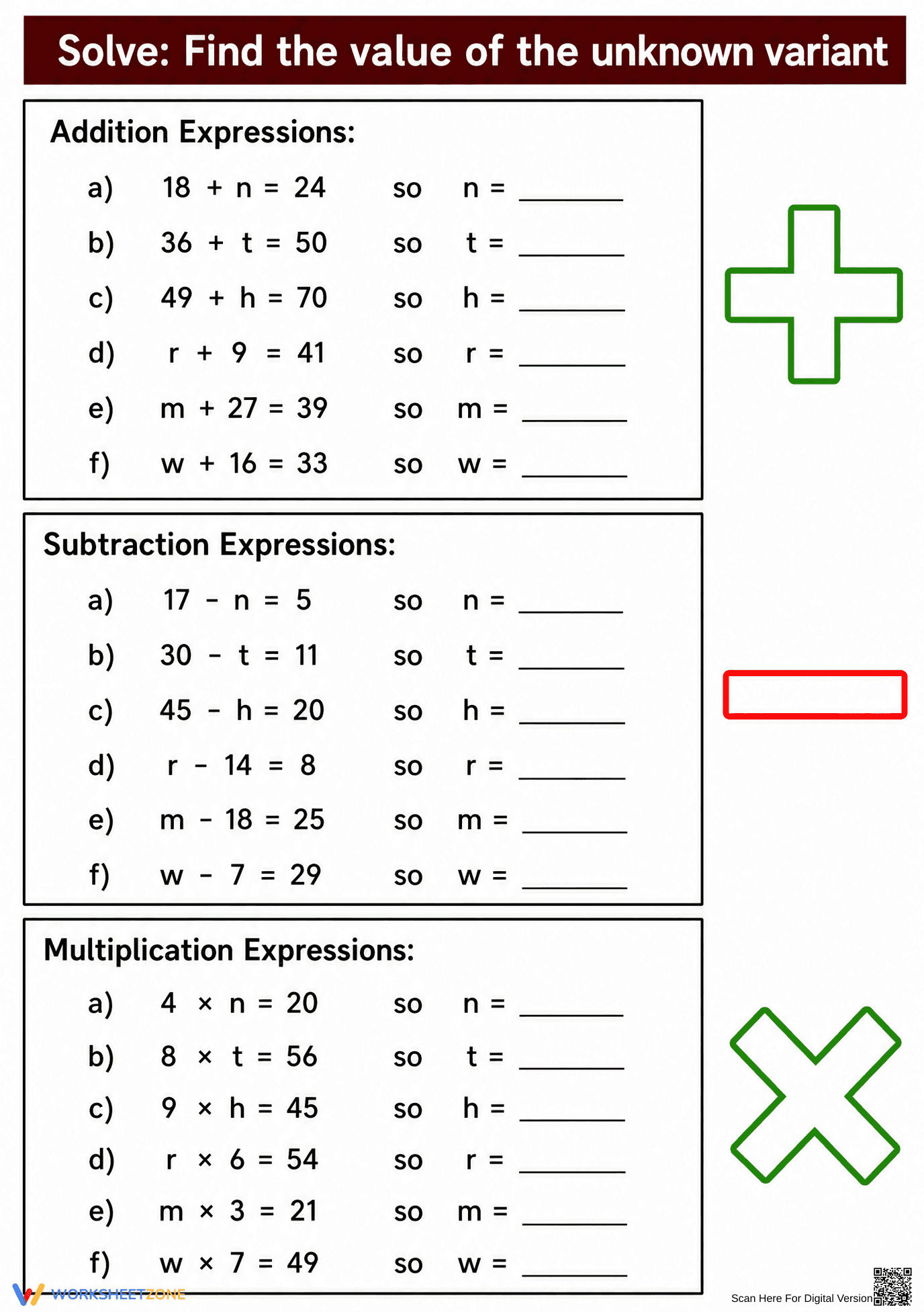 Missing Variables Worksheet | Grade 3 Math Printable - Page 1