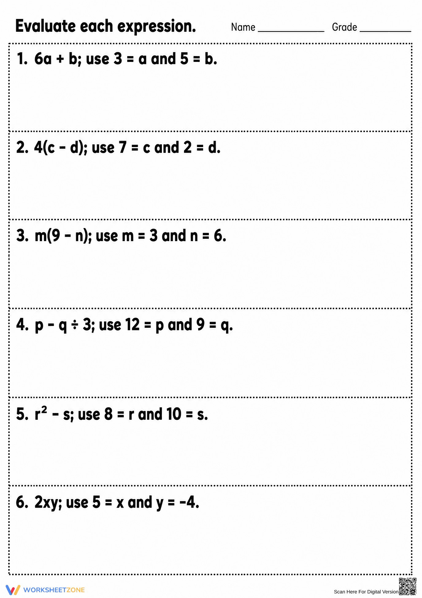 Evaluating Expressions Worksheet | Grade 7 Math Printable - Page 1