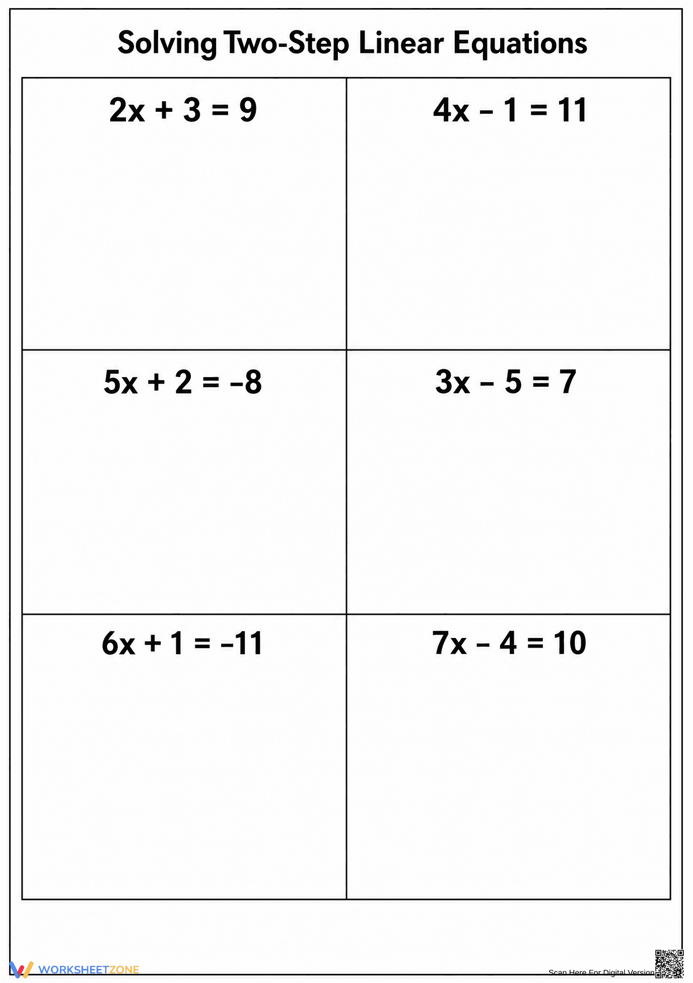 Grade 7 Two-Step Equations — Printable No-Prep Worksheet - Page 1