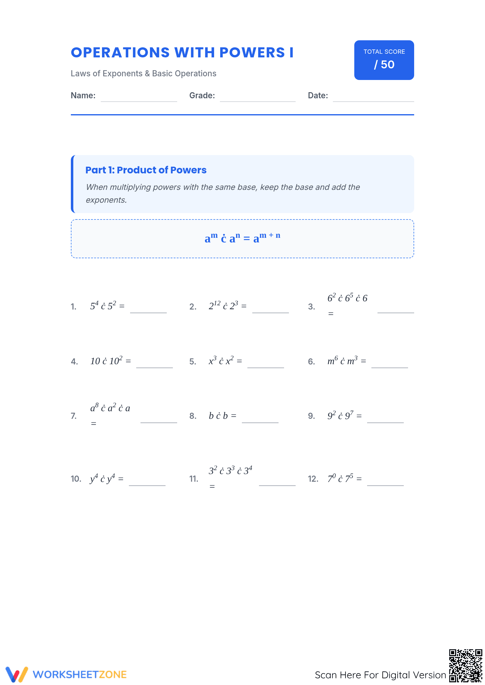 Essential Laws of Exponents Worksheet | Algebra Grade 8-11 - Page 1