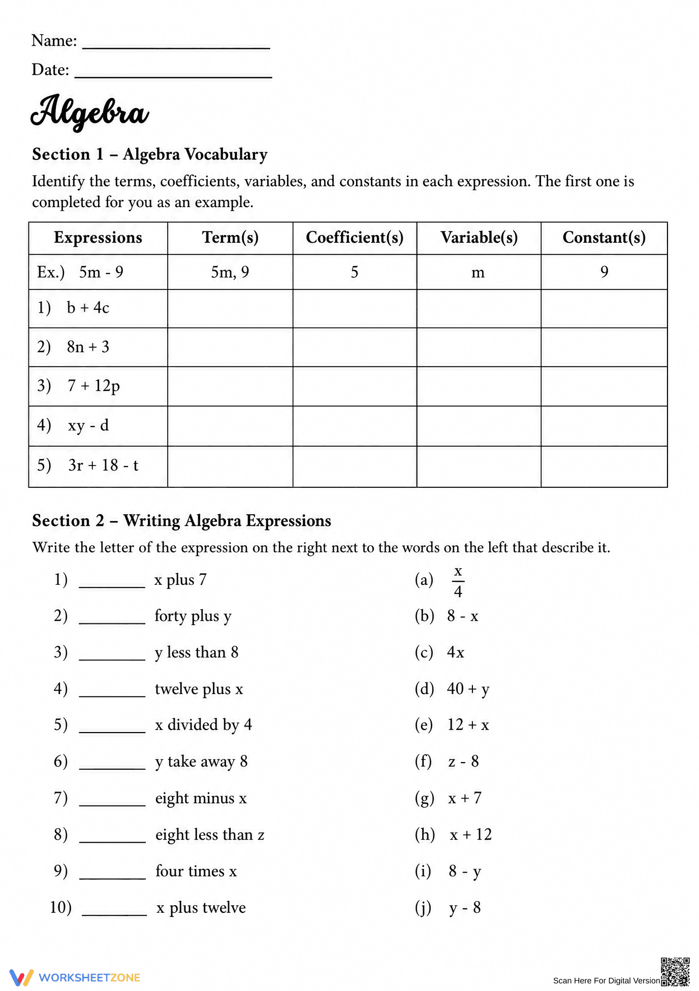 Printable Algebra Vocabulary Worksheet | Grade 6 Math - Page 1