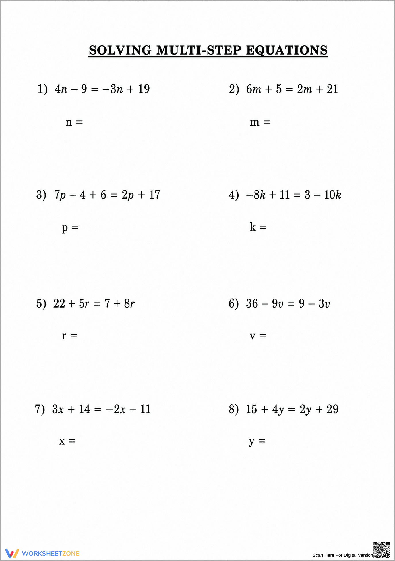 Multi-Step Equations Worksheet | Grade 7 Essential - Page 1