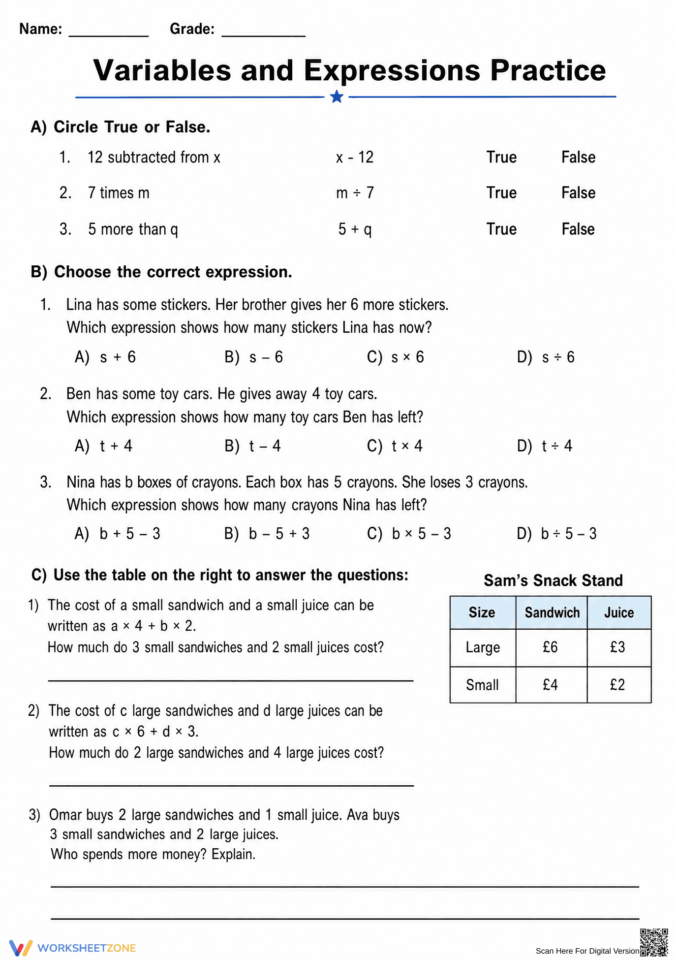 Variables and Expressions Practice | Grade 5 Essential - Page 1