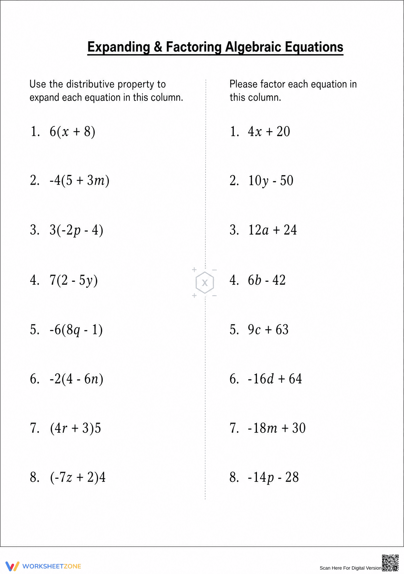 Grade 7 Expanding Expressions — Printable No-Prep Worksheet - Page 1