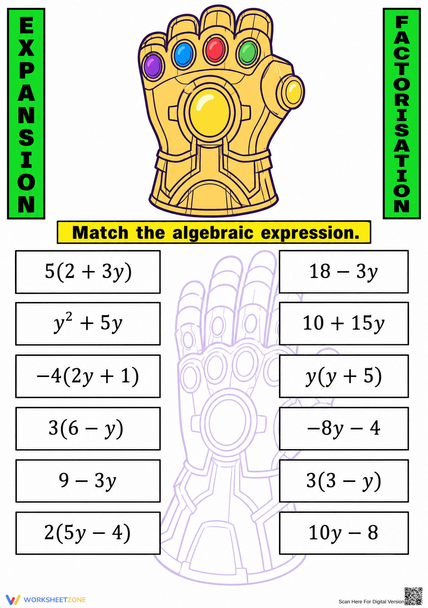 Printable Grade 8 Algebra Expansion & Factorization - Page 1