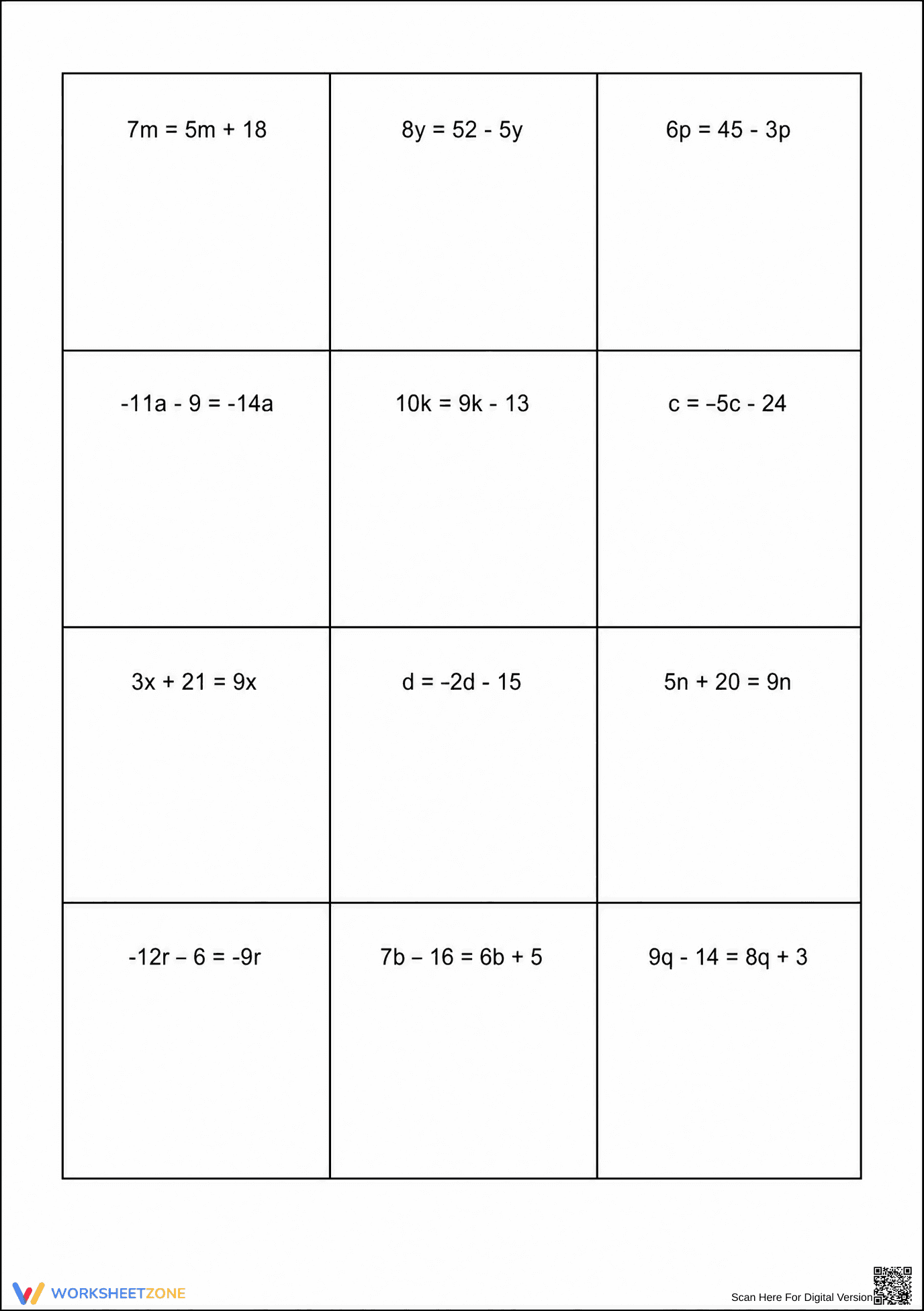 Solving Equations with Variables | Grade 8 Printable - Page 1