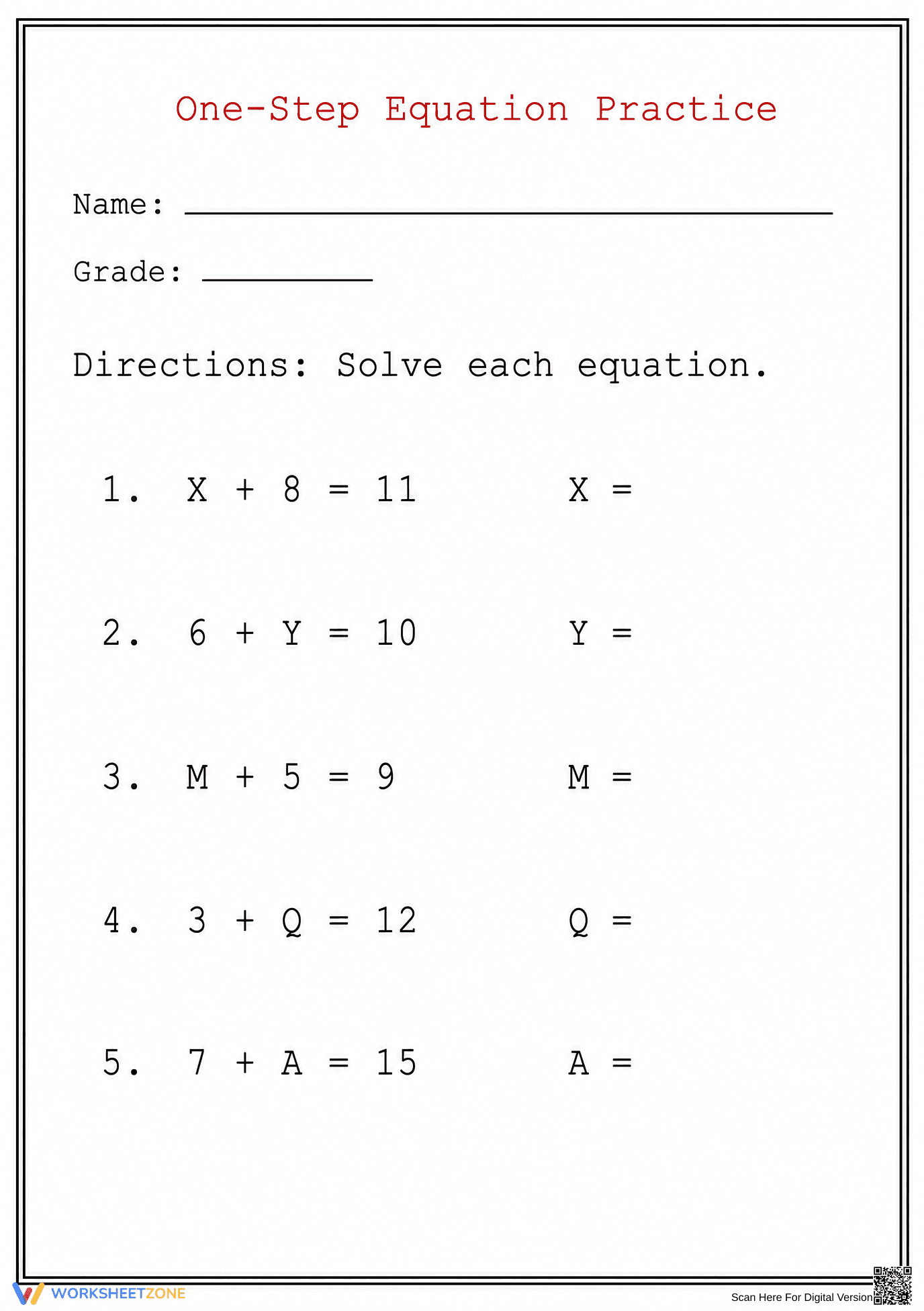 Essential One-Step Equation Practice | Grade 7 Math - Page 1
