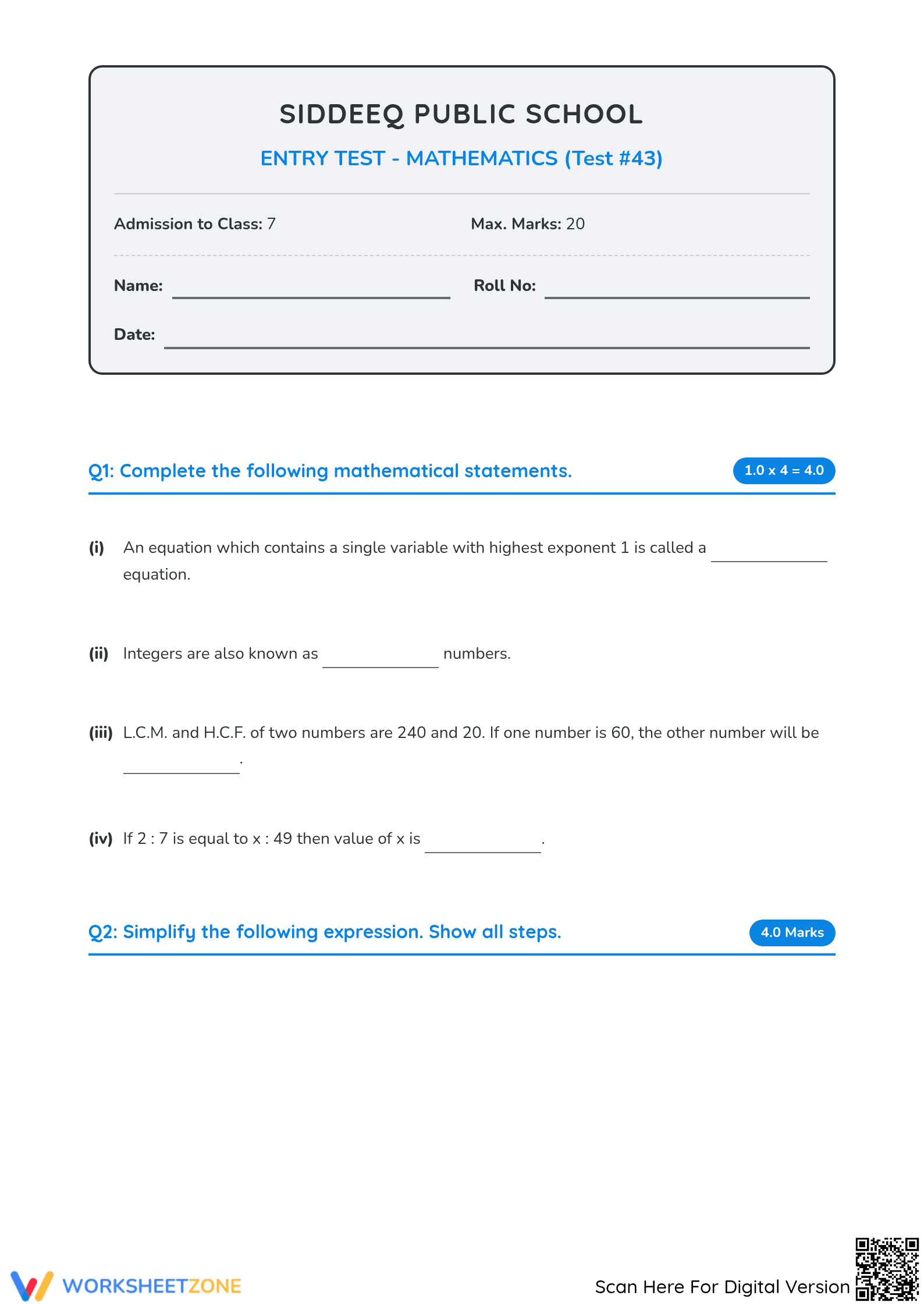 Essential Grade 6 Math Admission Test | Aligned Worksheet - Page 1
