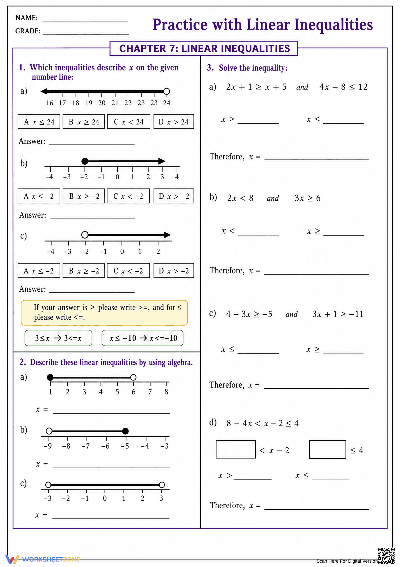 Printable Linear Inequalities Worksheet | Grade 8-9 Math - Page 1