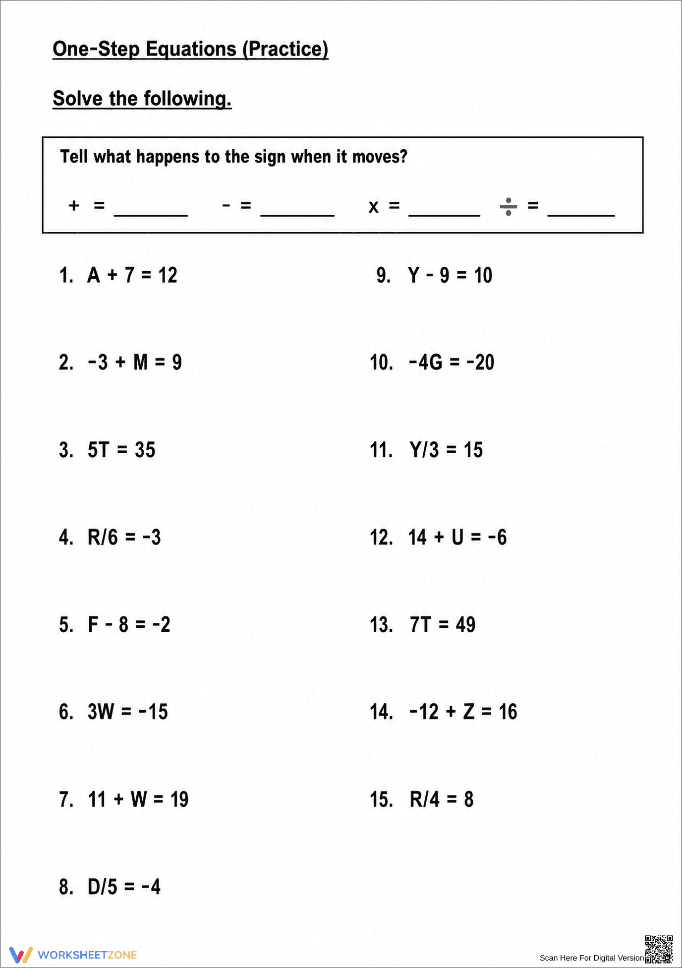 Grade 7 One-Step Equations — Printable No-Prep Worksheet - Page 1