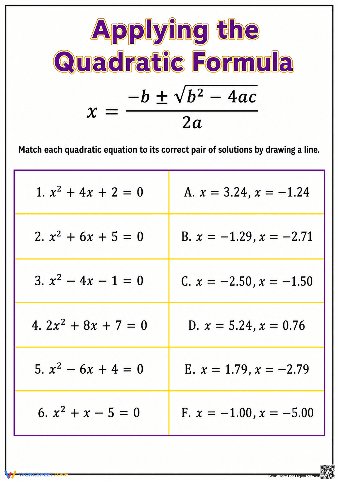 Grade 9 Quadratic Formula — Printable No-Prep Worksheet - Page 1
