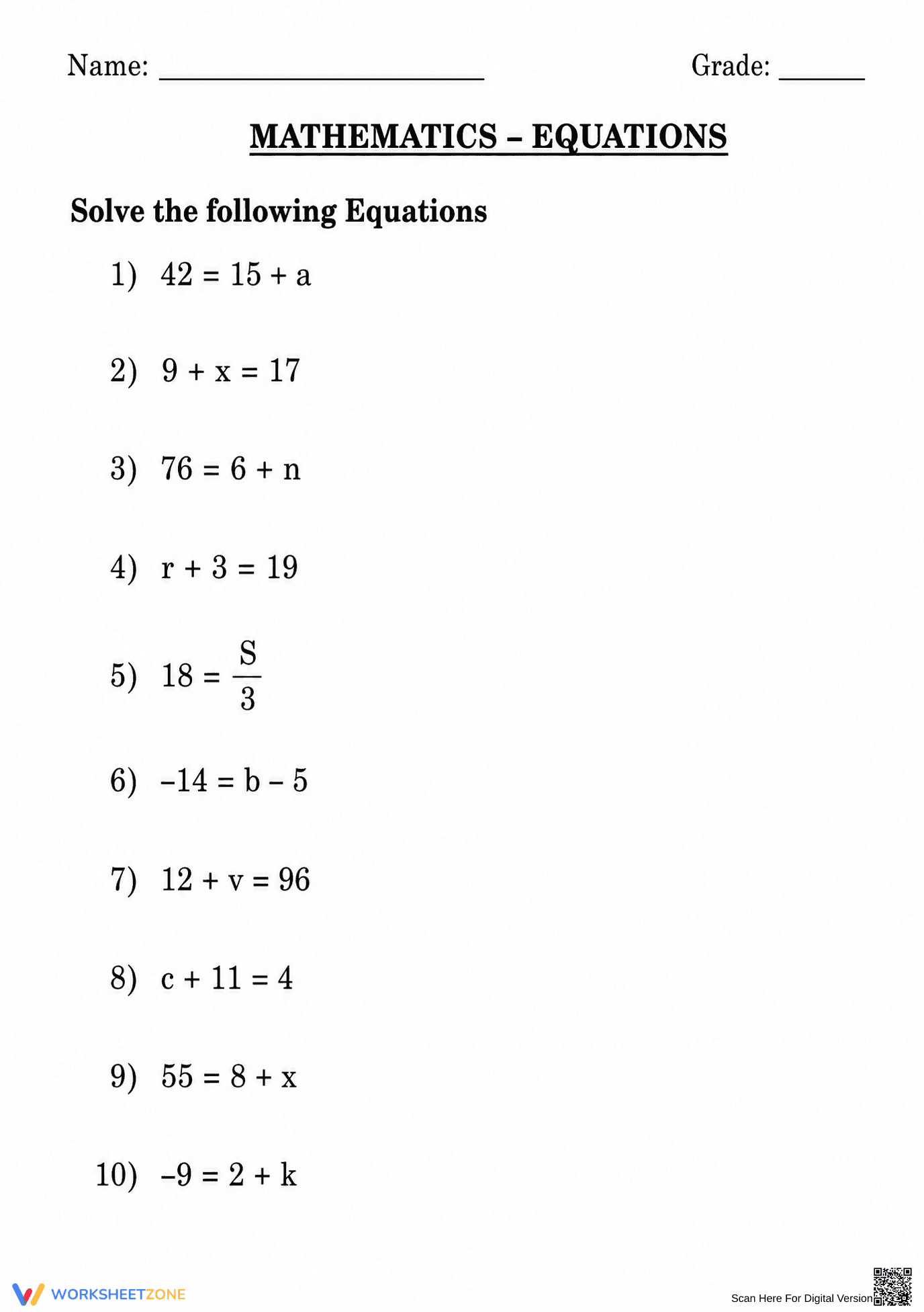 Grade 6 One-Step Equations — Printable No-Prep Worksheet - Page 1