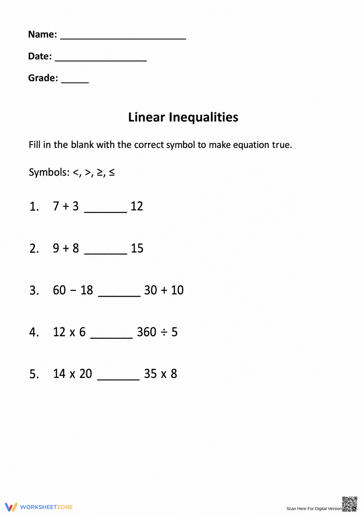 Linear Inequalities Worksheet | Grade 9-12 Essential - Page 1