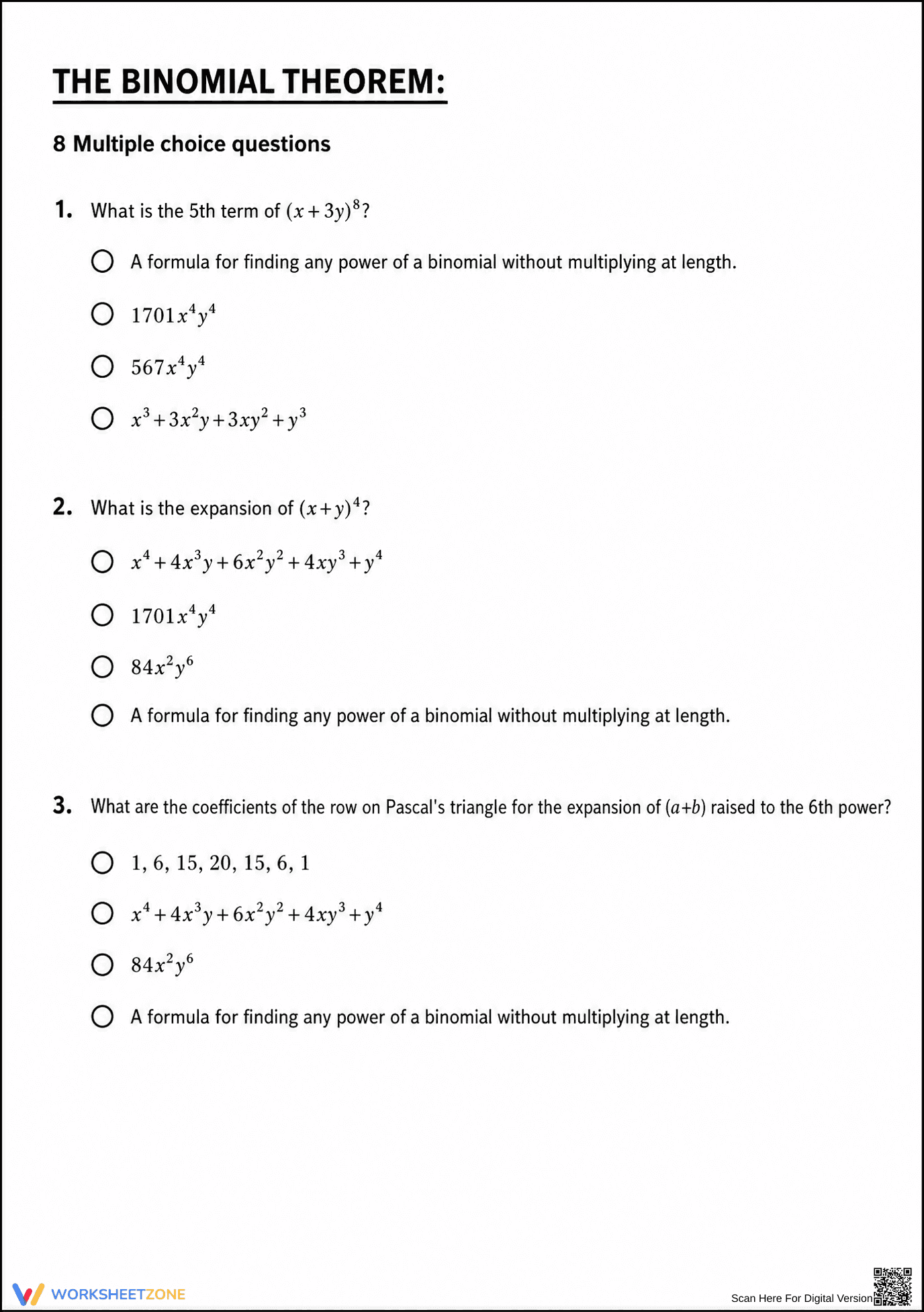 Printable Binomial Theorem Worksheet | Grade 11 Math - Page 1