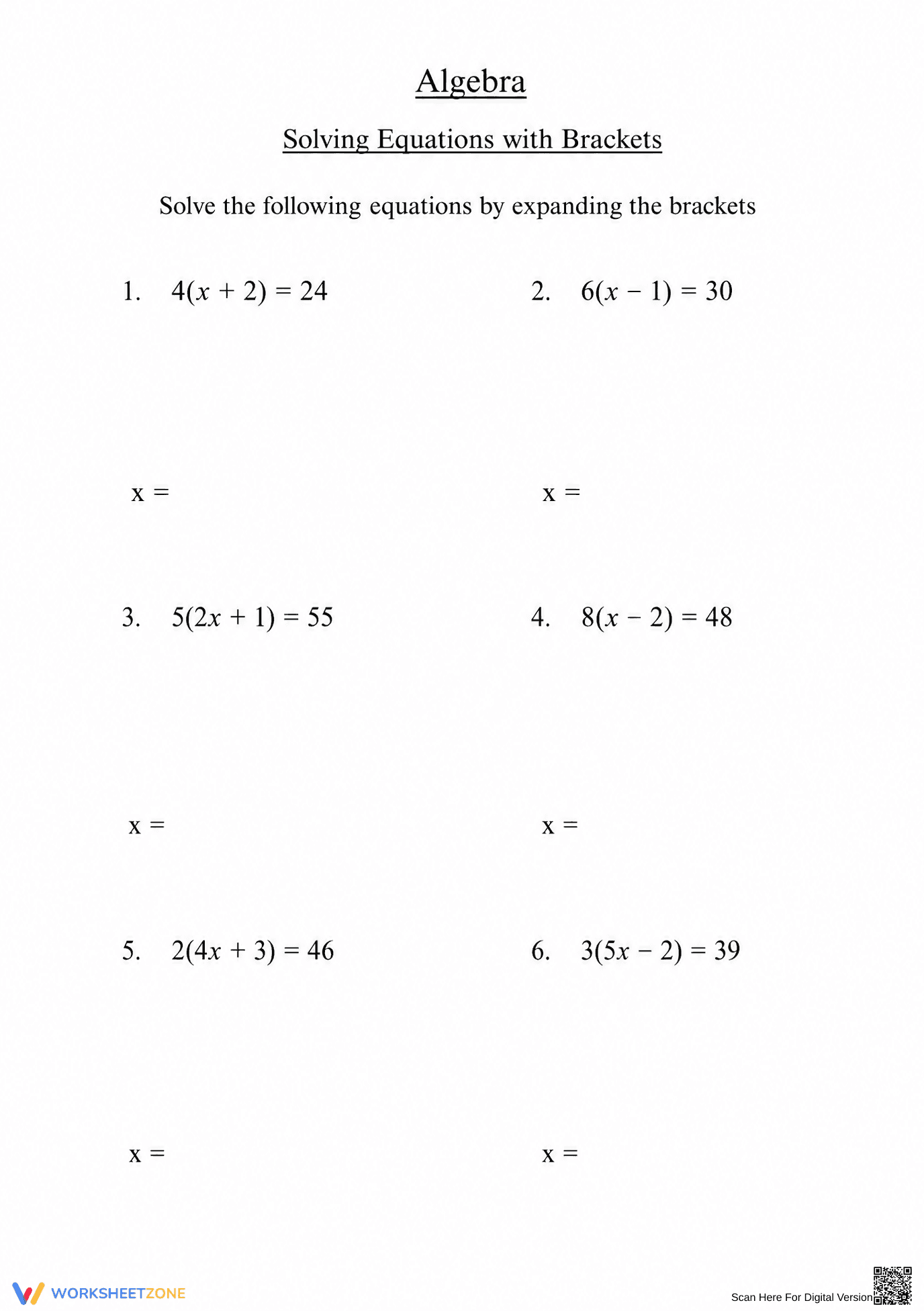 Printable Solving Equations with Brackets | Grade 10 Math - Page 1