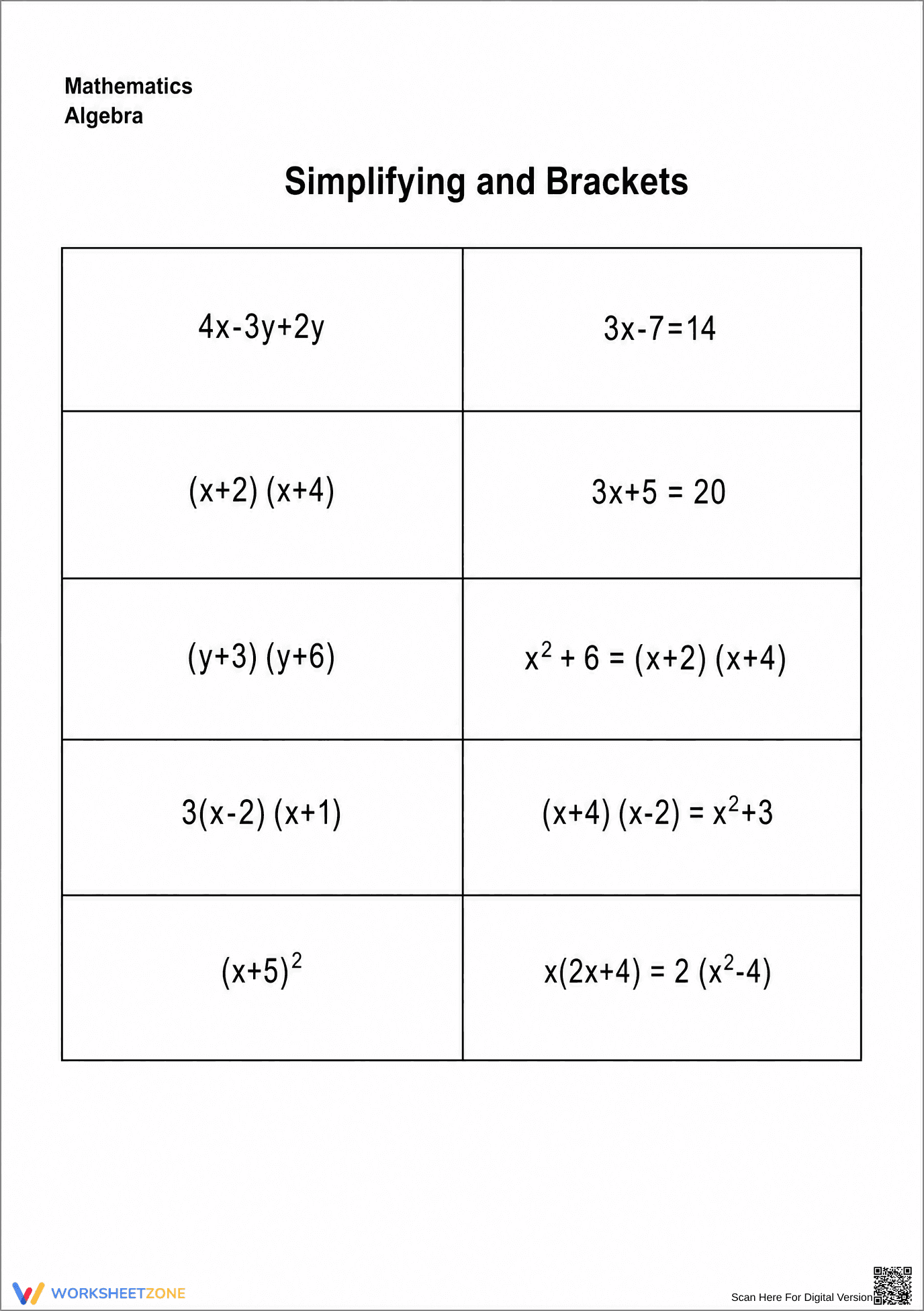 Essential Algebra: Simplifying and Brackets Worksheet - Page 1