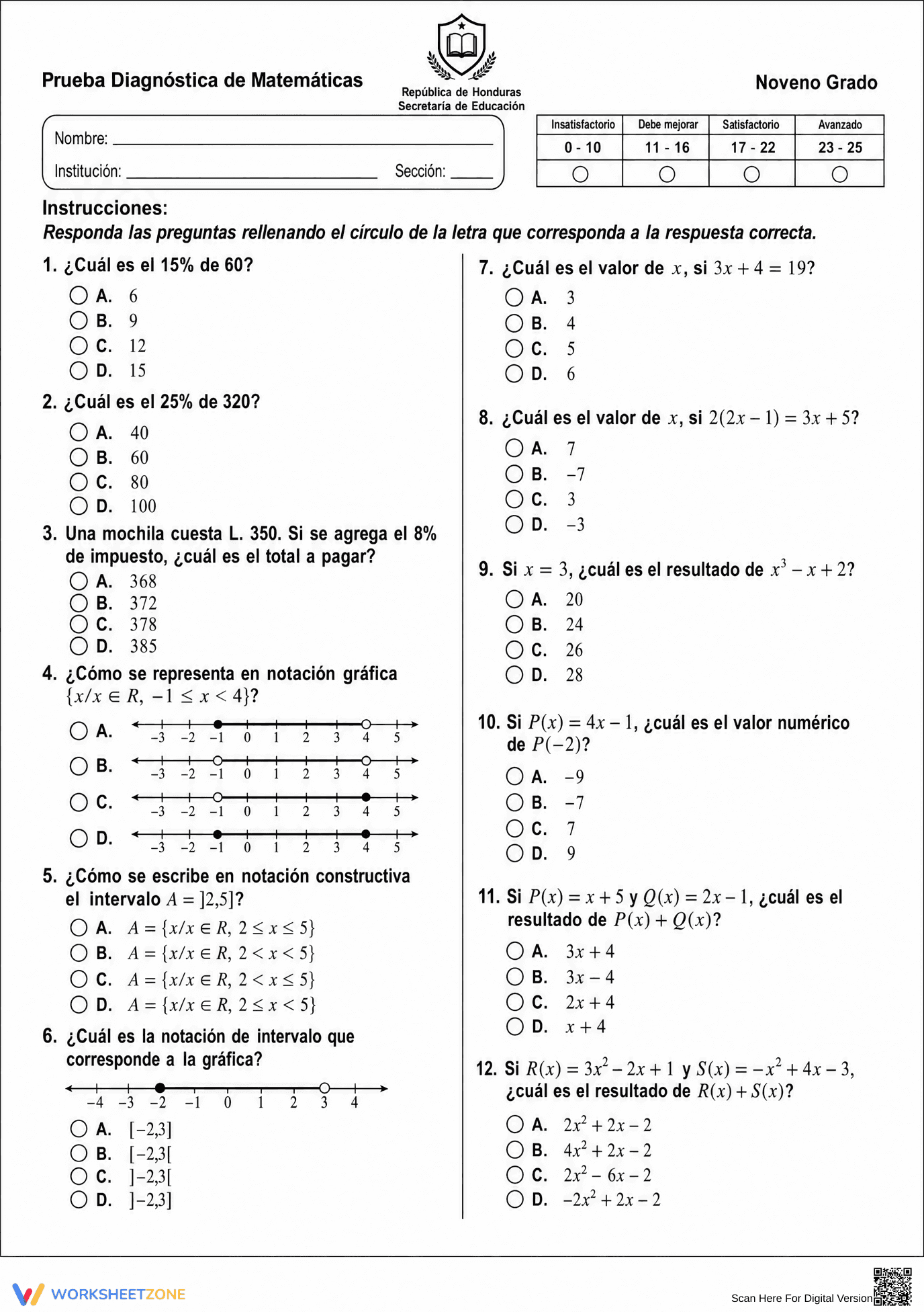HSA-REI.B.3 Worksheet: Algebra Diagnostic — Grade 9 Aligned - Page 1