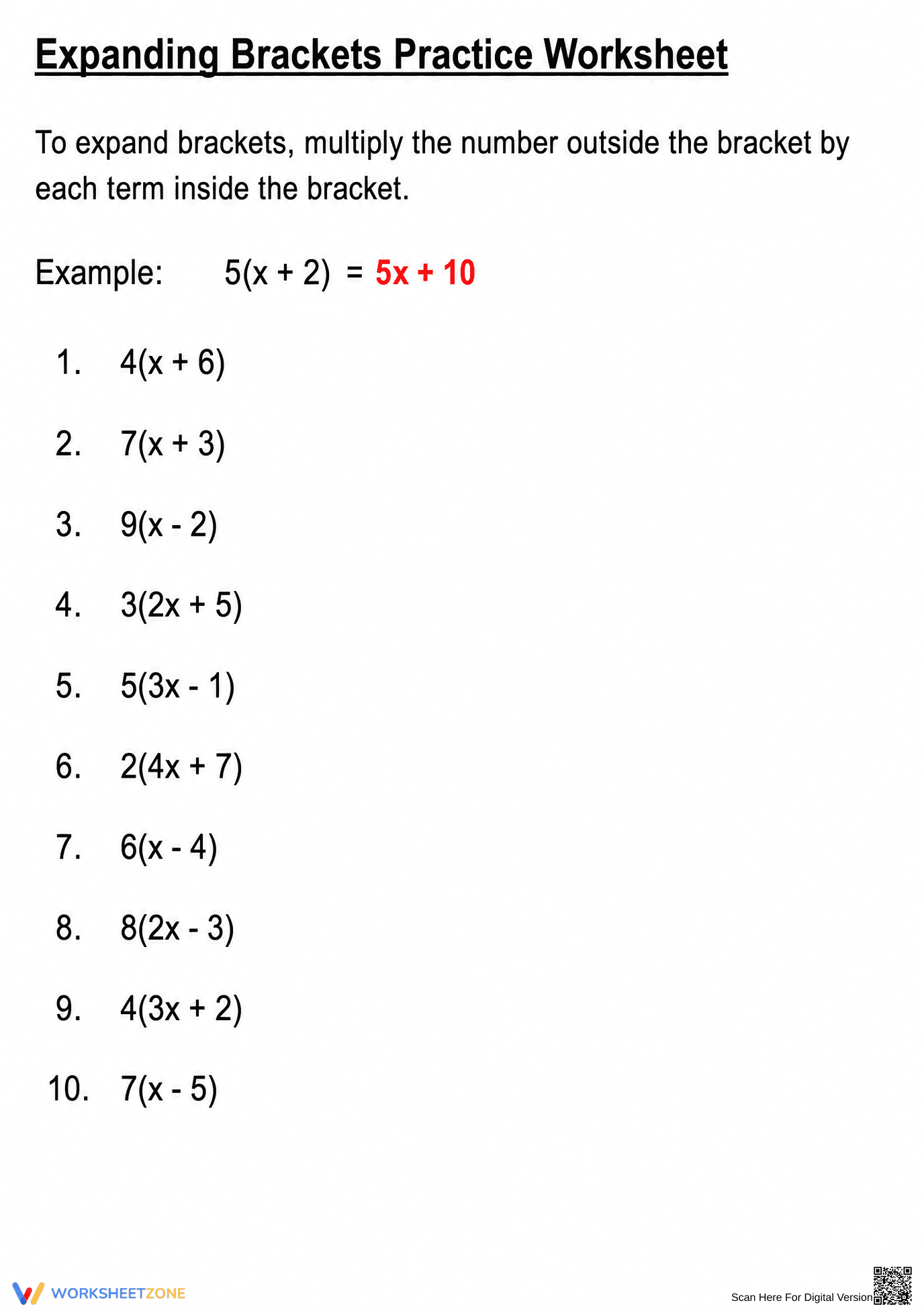 Grade 8 Expanding Brackets — Printable No-Prep Worksheet - Page 1