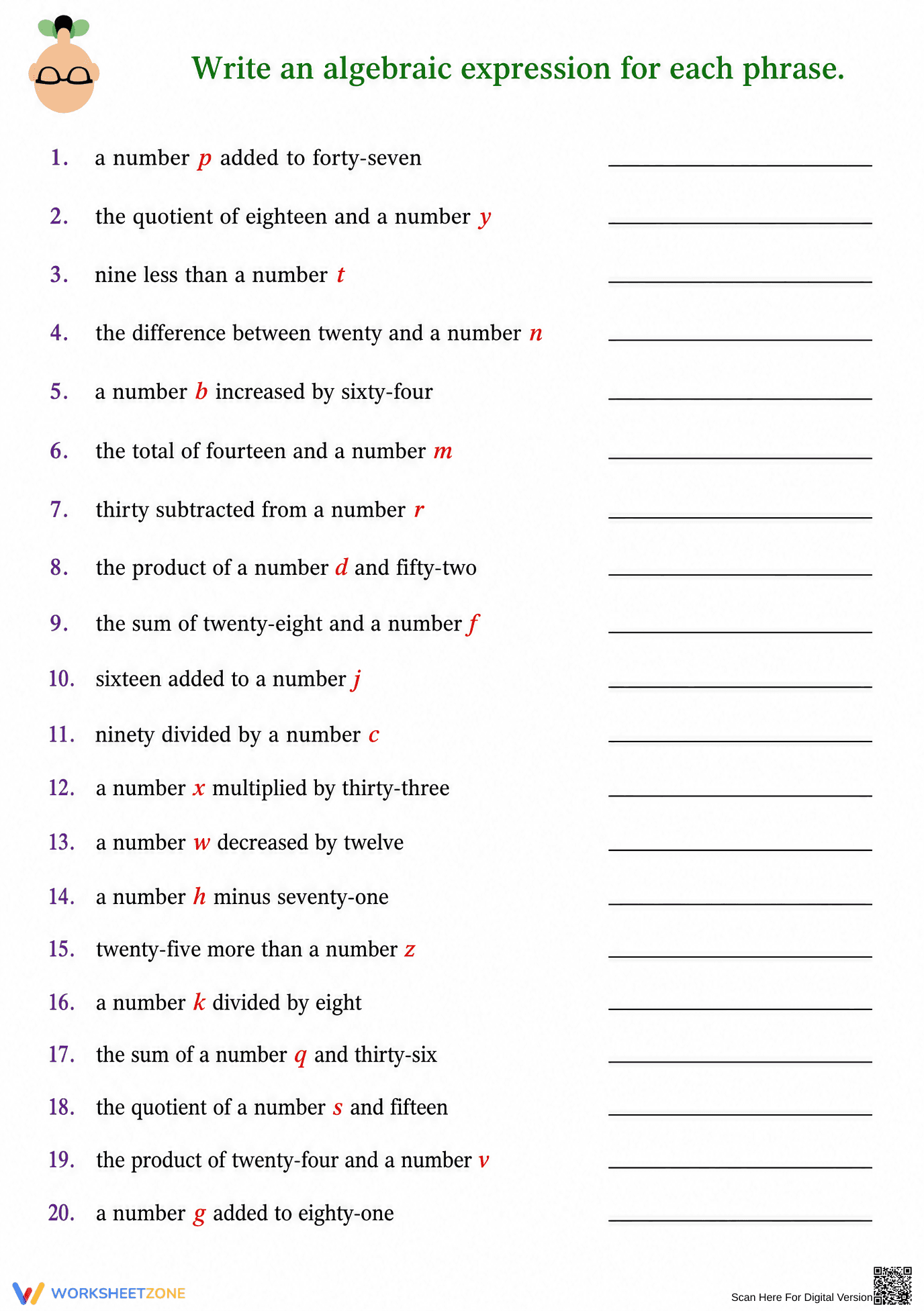 Translating Algebraic Phrases | Essential Grade 6 Math - Page 1